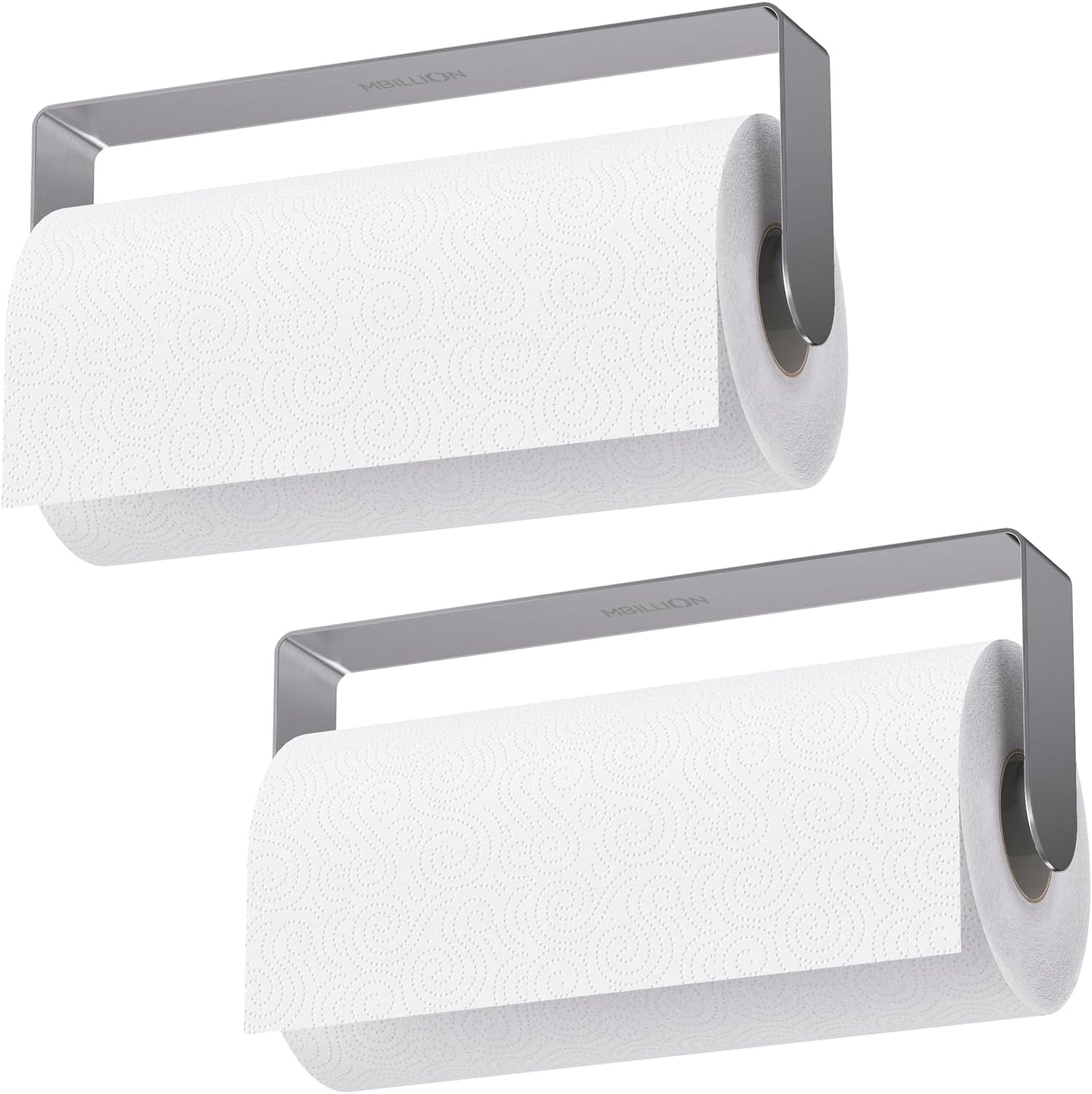 Mbillion Kitchen Paper Towel Holder Under Cabinet Wall Mount and Self-Adhesive Paper Towel Rack Premium Grade SUS304 Stainless Steel Brushed Silver, 2 Pack