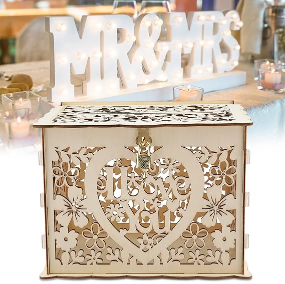 Joyzan DIY Wood Wedding Card Box, Rustic Wed Gift Money Holder with Lock