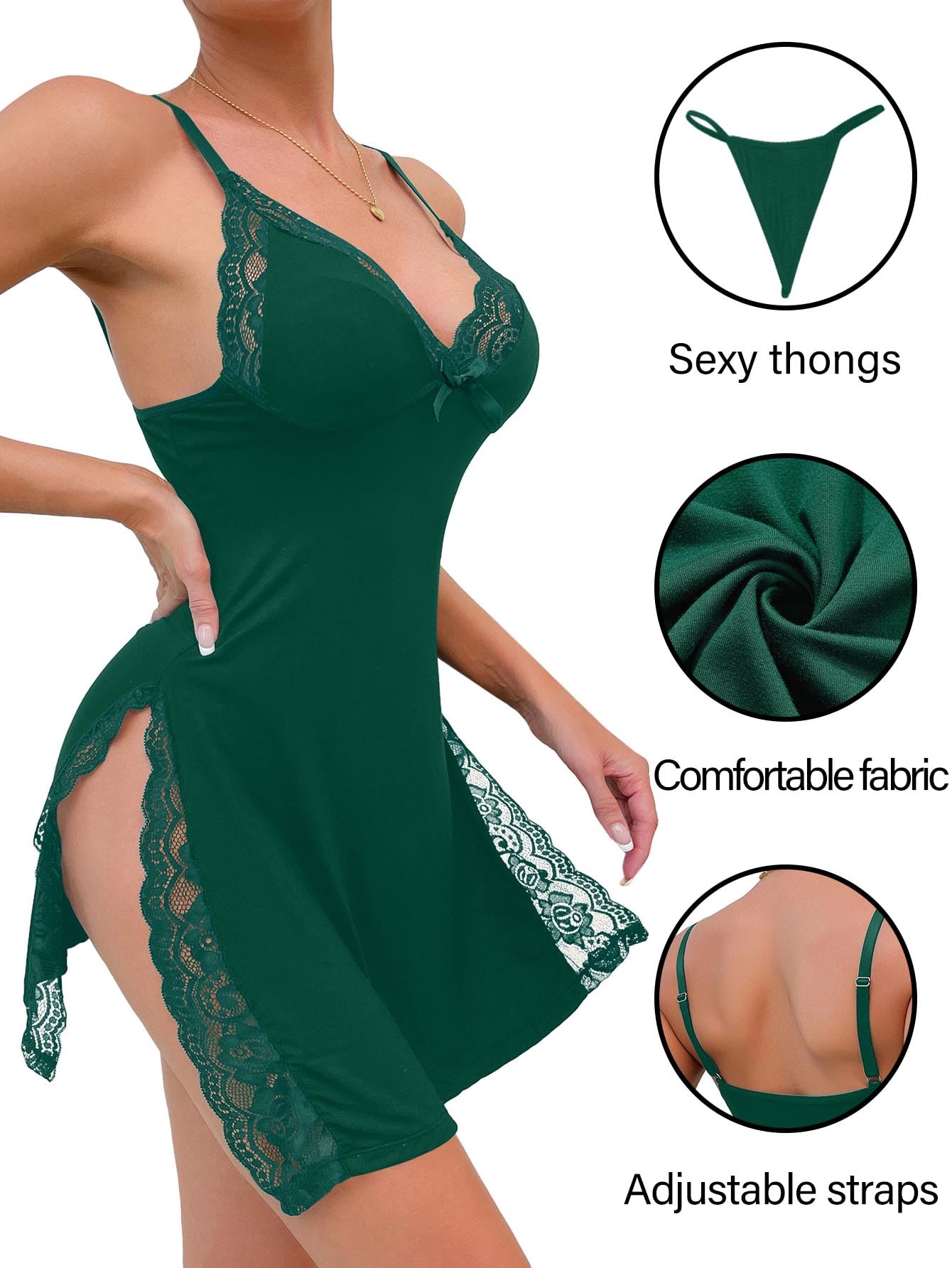 Foxiny Sexy Split Side Floral Lace Trim Full Slip Night Gown Babydoll Lingerie Dress with Thong 2 piece: Medium Dark Green