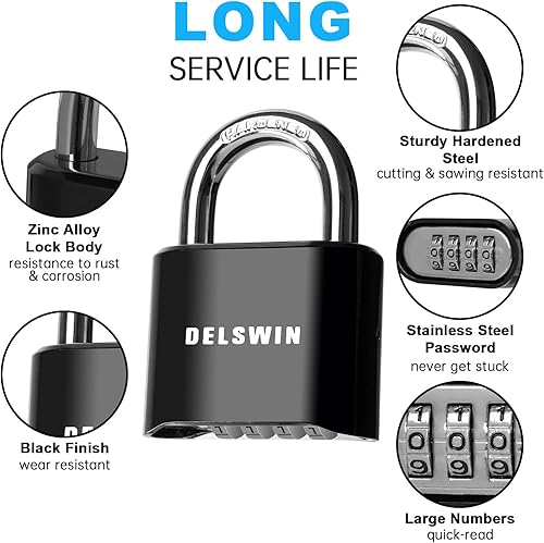 Miniatura 4 de DELSWIN Candado de combinación de 4 dígitos para exteriores, cerradura de casillero resistente con grillete de acero endurecido, cerradura combinada
