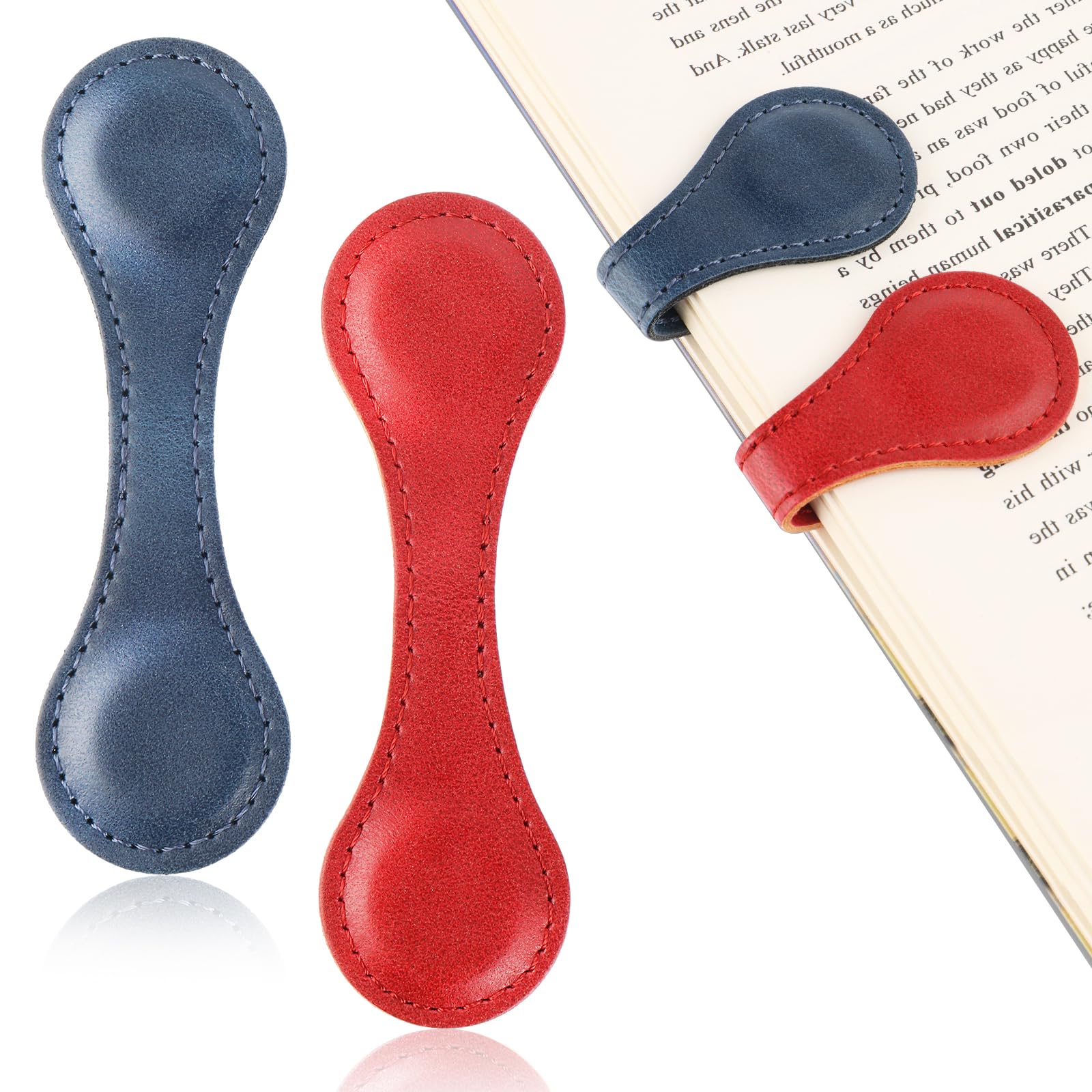 LIQWEI 2 Pcs Magnetic Bookmarks, Vintage PU Leather Book Mark Double-Sided Magnetic Page Markers Leather Page Clip Buckles Gift for Men Women Teacher Students Book Lovers(Red, Blue)