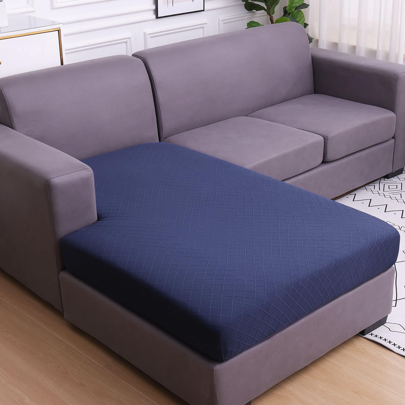 hyha Couch Cushion Covers, Replacement Sofa/Chair Cushion Covers Stretch, Diamond Lattice, Thick Jacquard Fabric, Soft Sofa Seat Covers, Couch Cushion Covers for Sectional (Chaise Cover, Navy)
