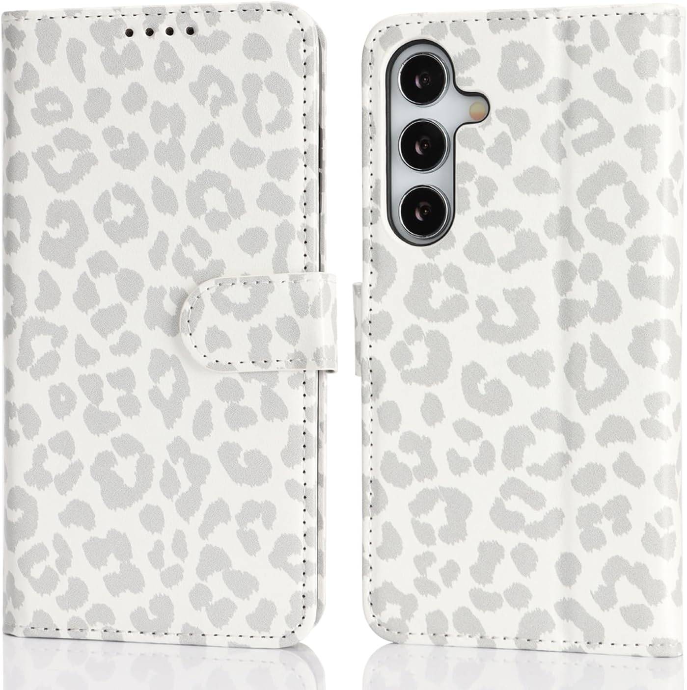 for Samsung Galaxy S25 Case Wallet with Card Holder,Galaxy S25 Wallet Case for Men Women,PU Leather Magnetic Clasp Stand Flip Phone Case Cover-White Leopard - Image 6