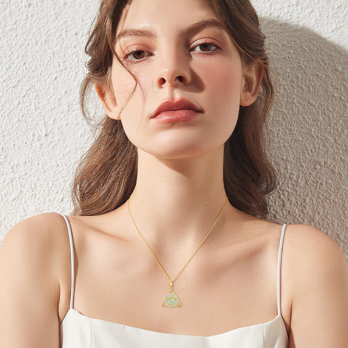 SISGEM Solid 14K Gold Celtic Knot Necklace for Women,14kt Yellow Gold White Opal Triangle Celtic Knot Pendant Necklace with CZ Irish Jewelry Gifts for Her Mom Wife Christmas Birthday,16"-18" - Image 2