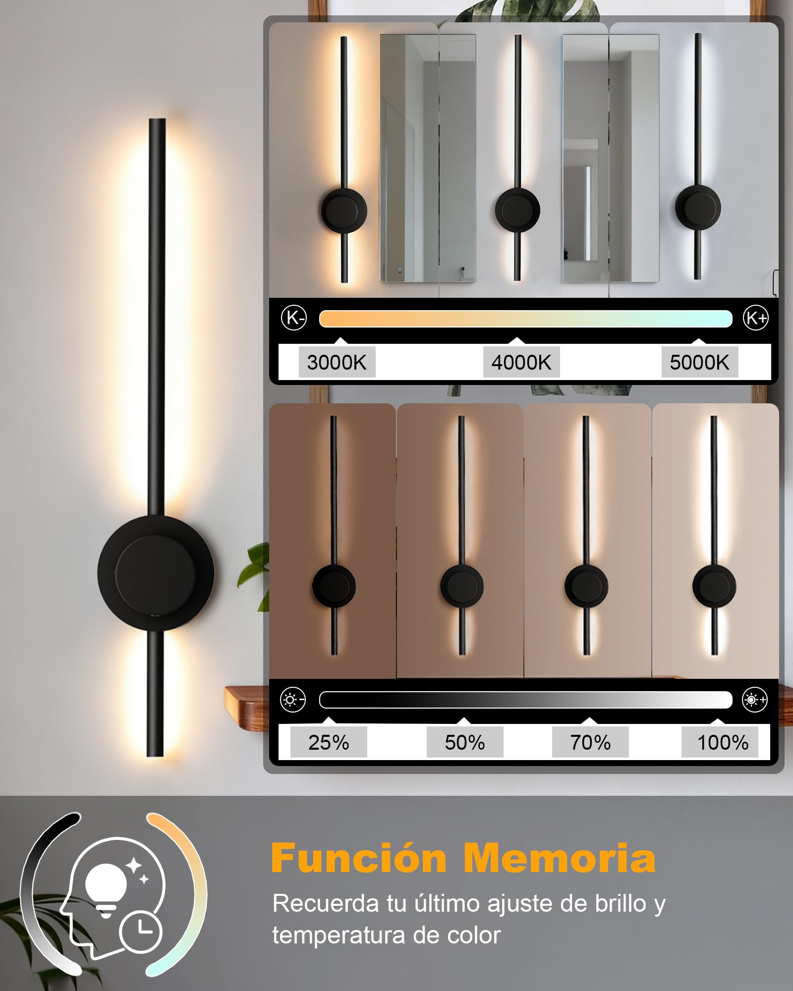 BRIMAX Aplique de Pared Inalámbrico, Dimmable 3000-6500K 70cm Negro | 5000mAh batería extraíble, táctil y mando remoto, temperatura ajustable, para salón, dormitorio, decoración