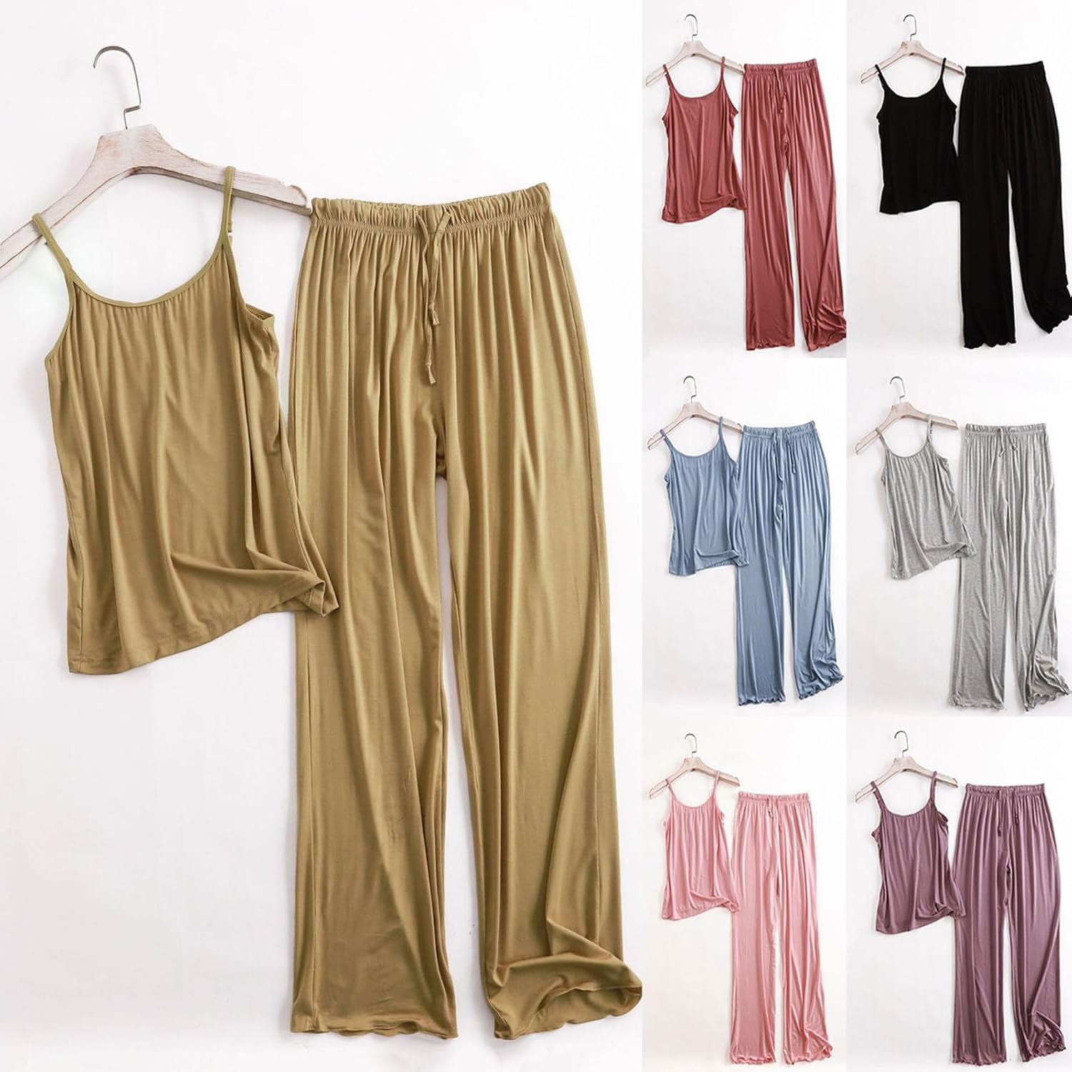 HGps8w Womens Camisole Pajama Sets Spaghetti Straps Sleeveless Tank Top and Pj Botton Long Pants Soft Modal Sleepwear - Image 2