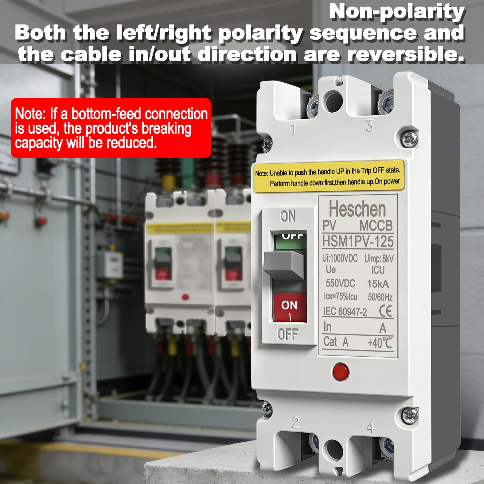 Heschen Interruttore automatico scatolato CC MCCB, 2P, DC550V, interruttore automatico fotovoltaico, per sistema solare fotovoltaico Pannelli solari Sistema di rete (125A, HSM1PV-125)