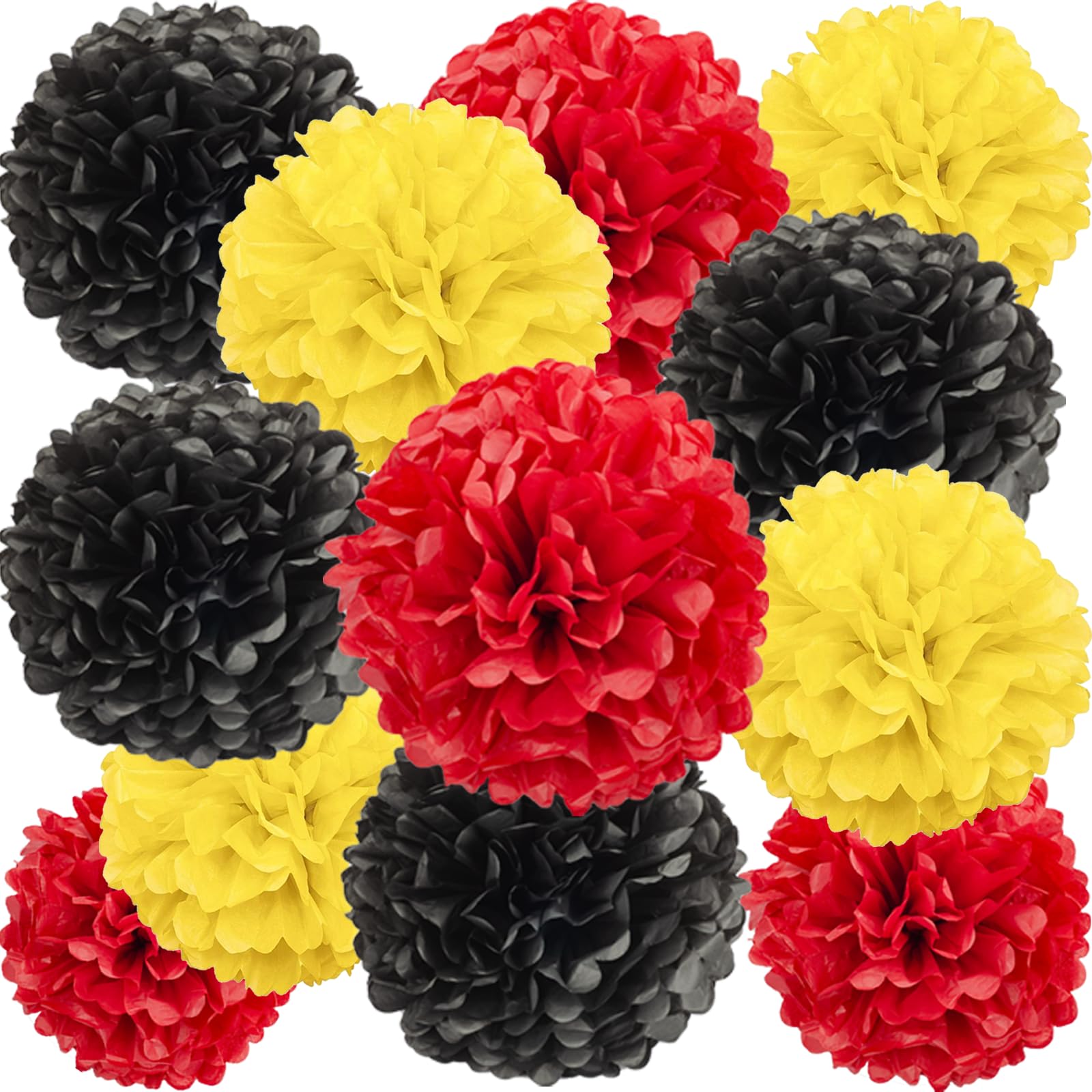 We Moment Black Red Yellow Paper Pom Poms Decorations for Boys Girls Birthday Decoration Ceiling Wall Hanging Tissue Flowers Decorations 12pcs,3 Colors