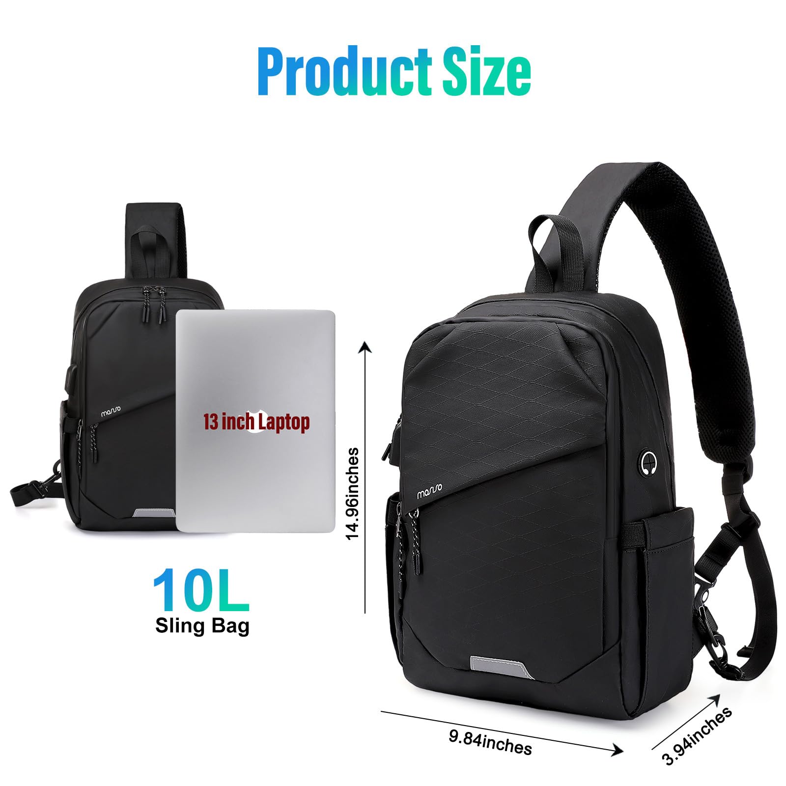 MOSISO Sling Backpack Travel Hiking Daypack, Large Crossbody Sling Bag with USB Charging Port for Men Women 3 Layer Pockets One Shoulder Chest Bag for Outdoor Sports Casual Commuting, Black