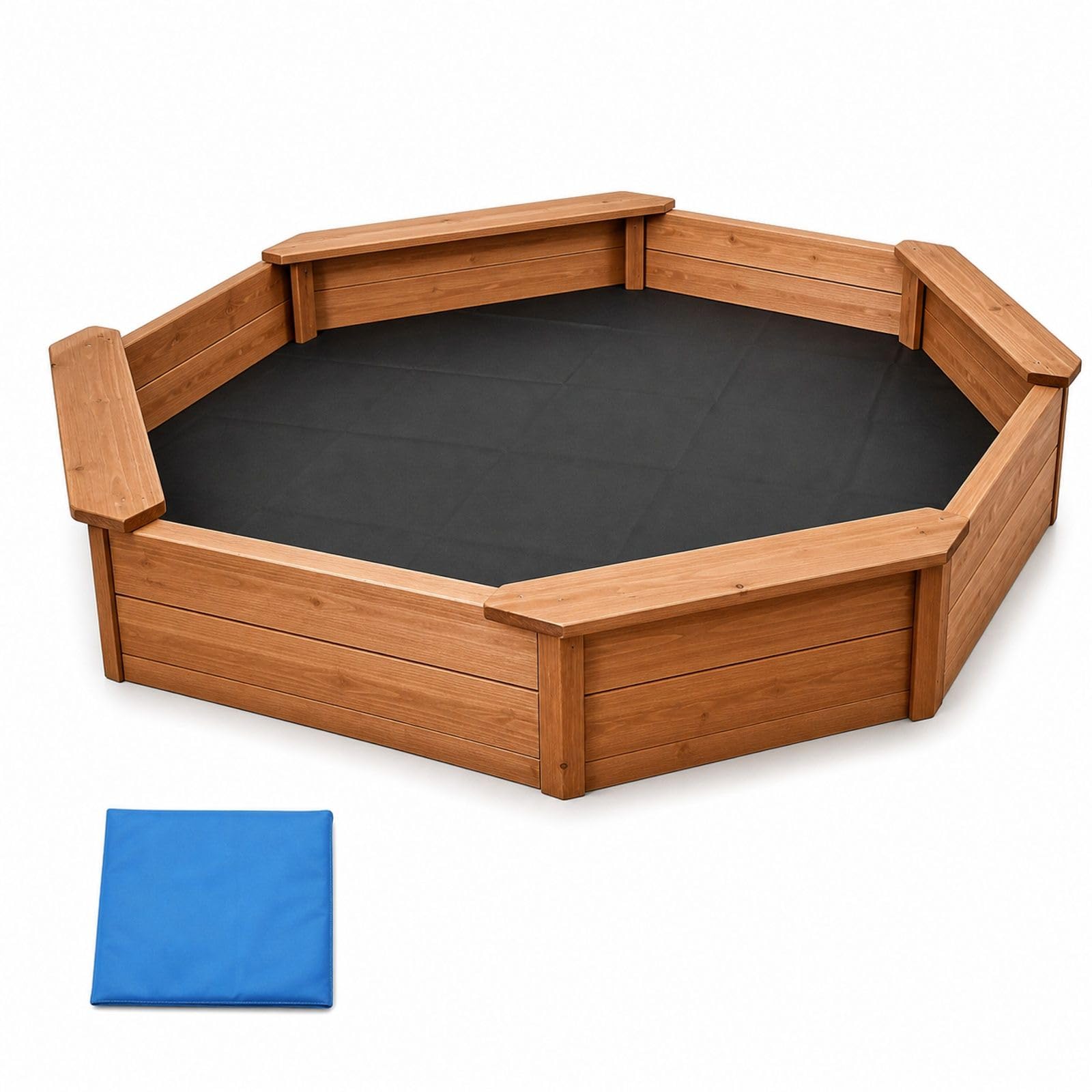 Achteckiger Sandkasten aus Holz mit Abdeckung und 4 Sitzplätzen für Garten und Außenbereich