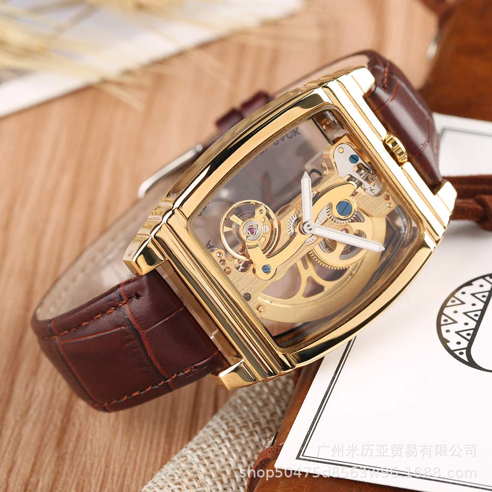 MASTOP Relojes de pulsera de cuero mecánicos para hombre, de lujo, transparente, automático, Steampunk, esqueleto, Dorado marrón, Classic