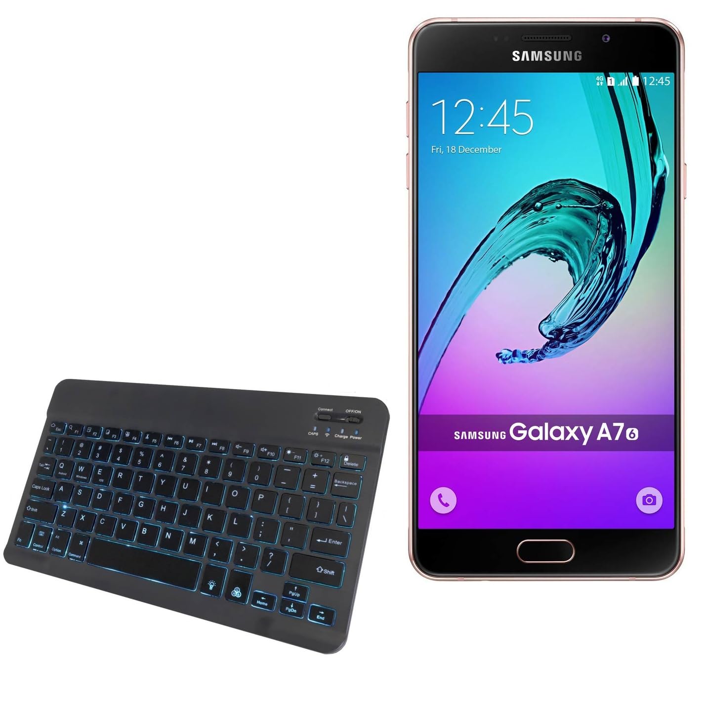BoxWave Keyboard Compatible with Samsung Galaxy A7 (2016) - SlimKeys Bluetooth Keyboard - with Backlight, Portable Slim LED 7 Colors - Jet Black