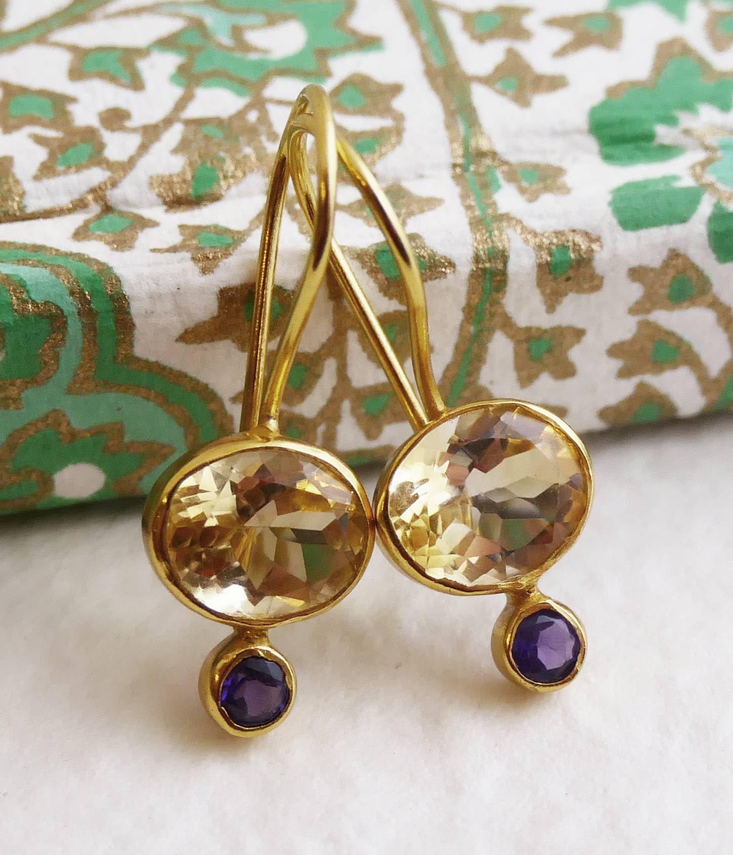 Orecchini in Argento Sterling Placcato Oro con Citrino e Ametista | Gioiello Elegante con Pietre Naturali per Look Raffinati e Luminosi