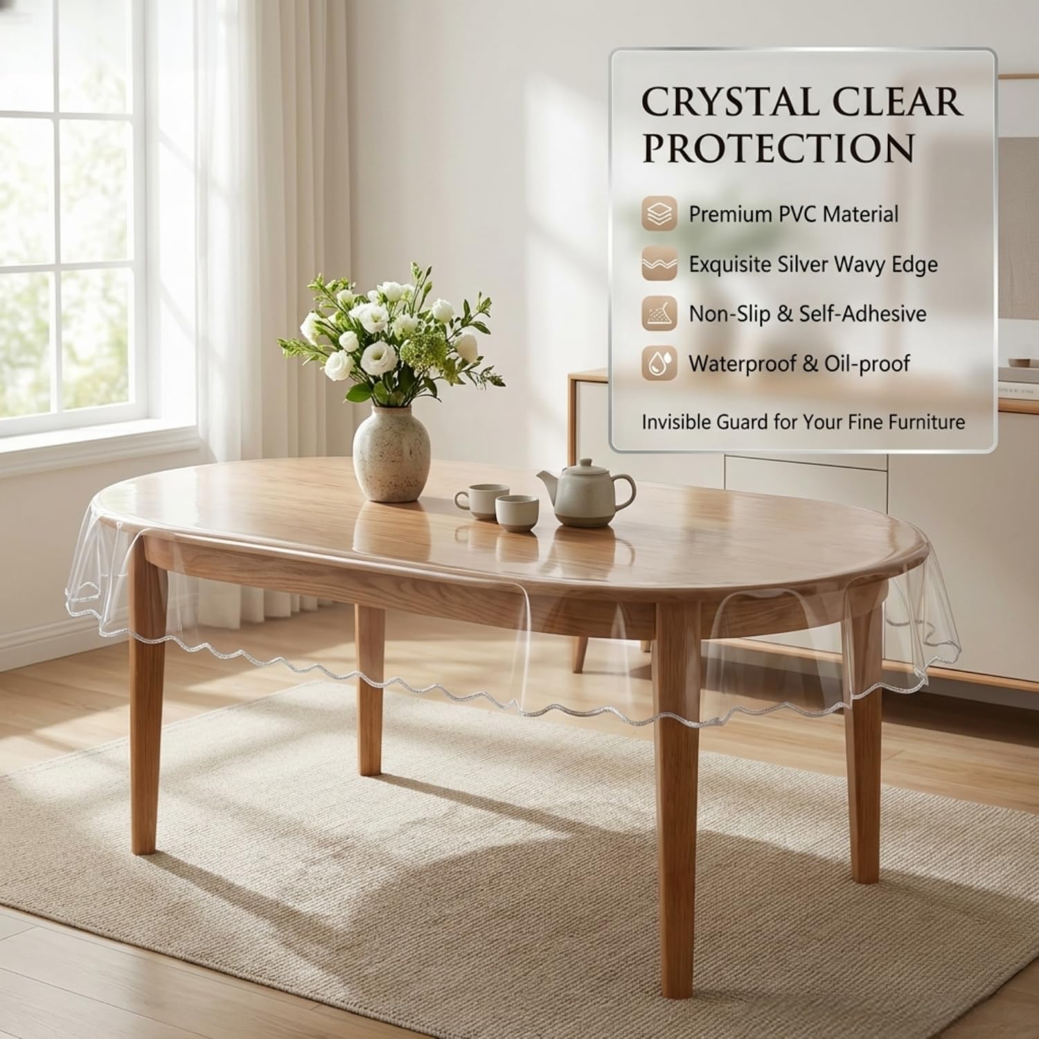 Artisan Flair Clear Oval Table Cover Protector 54 x 72 Inch, Waterproof Oil-Proof Vinyl Table Cover, Clear Plastic Tablecloth for Dining Table, Protect Fabric Tablecloth