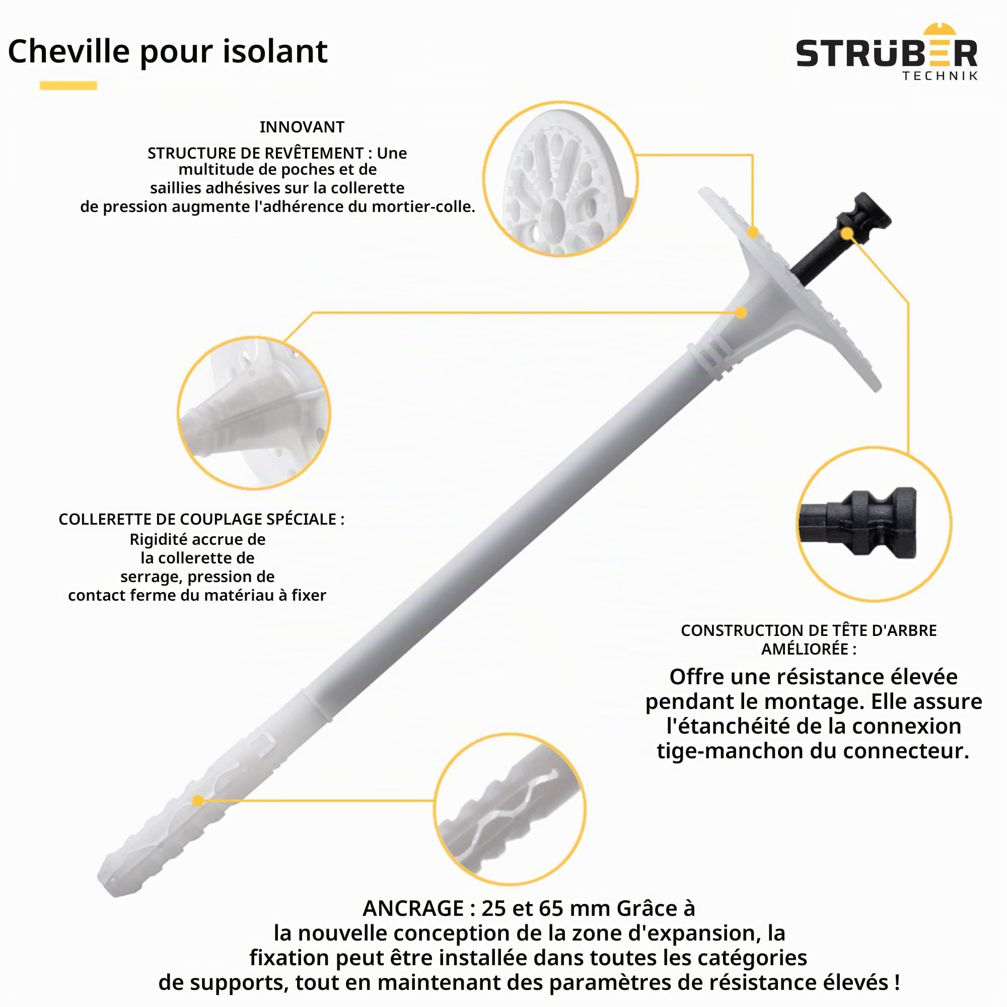 STRÜBER WDVS Lot de 100 chevilles isolantes avec clous en plastique Blanc Ø 10 x 70 mm