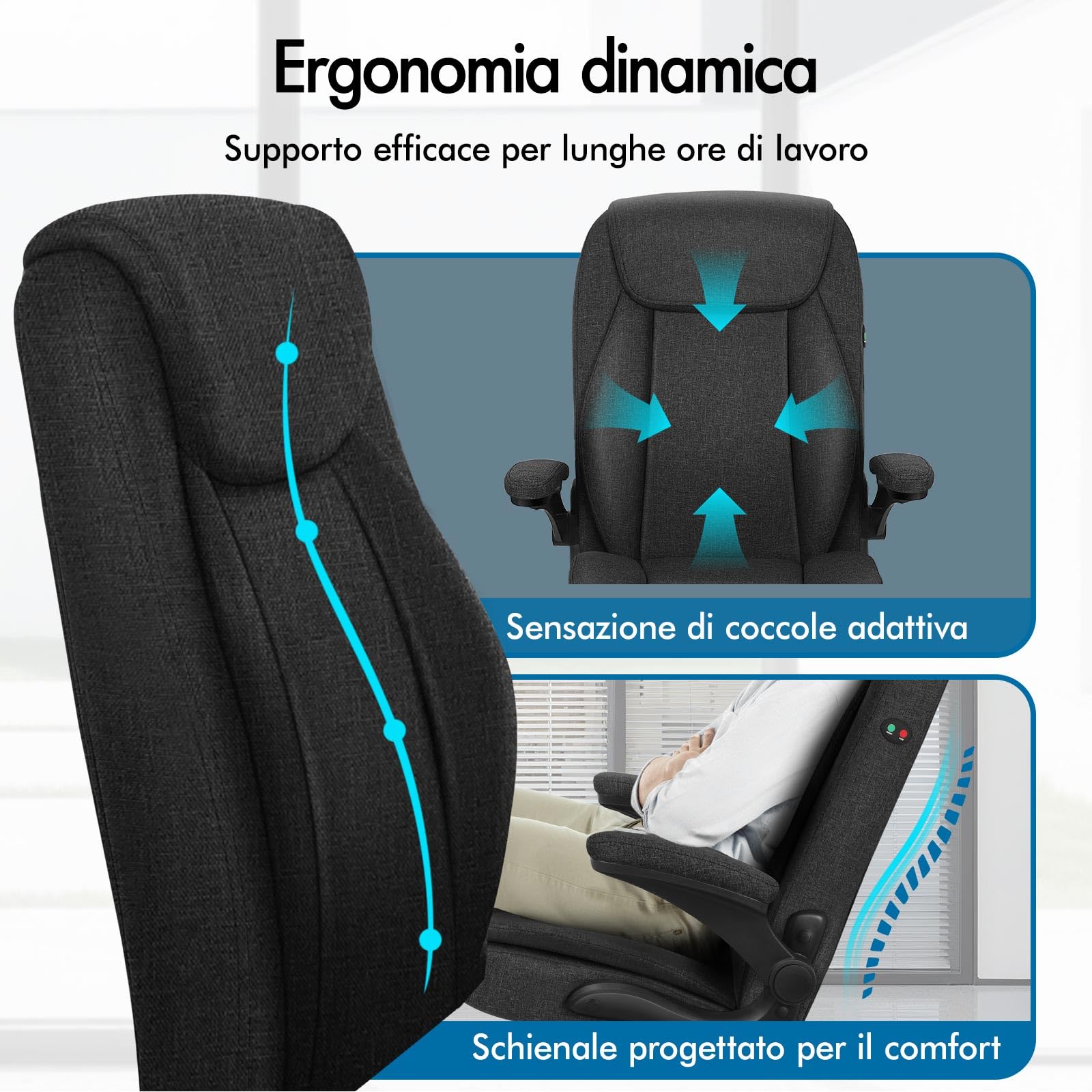 ALFORDSON Sedia Ufficio con Massaggio, Sedia Scrivania Ergonomica con Supporto Lombare, Poltrona Girevole ad Altezza Regolabile per Ufficio e Studio Sala Riunioni, Portante 150 kg, Tessuto(Nera)