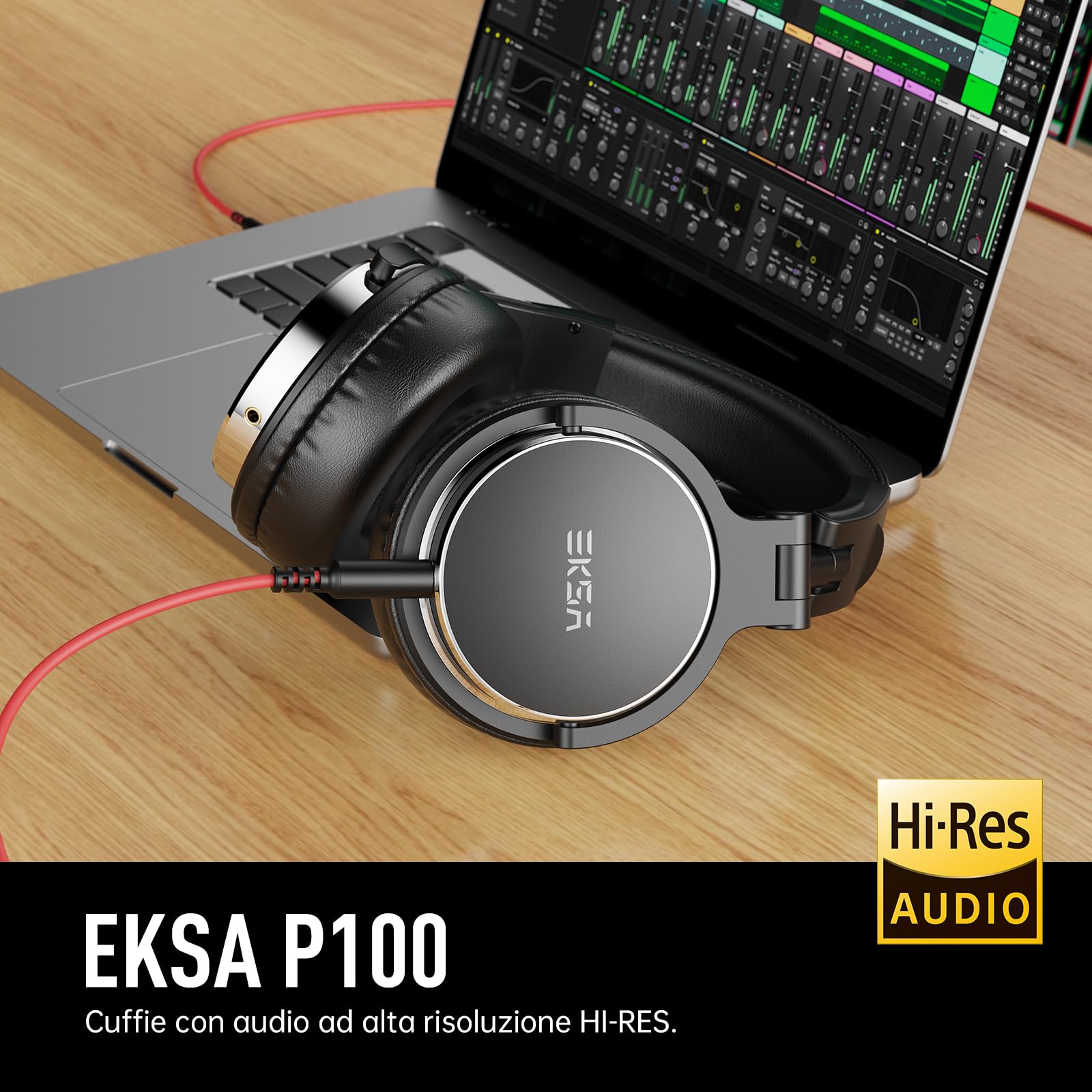 EKSA Cuffie Over Ear Jack 3,5 mm e 6,35 mm, per Registrazione, Mixaggio, Monitoraggio in Studio, DJ, Chitarra,Podcast, Cellulare, PC, Headset Cablate con Shareporte Microfono