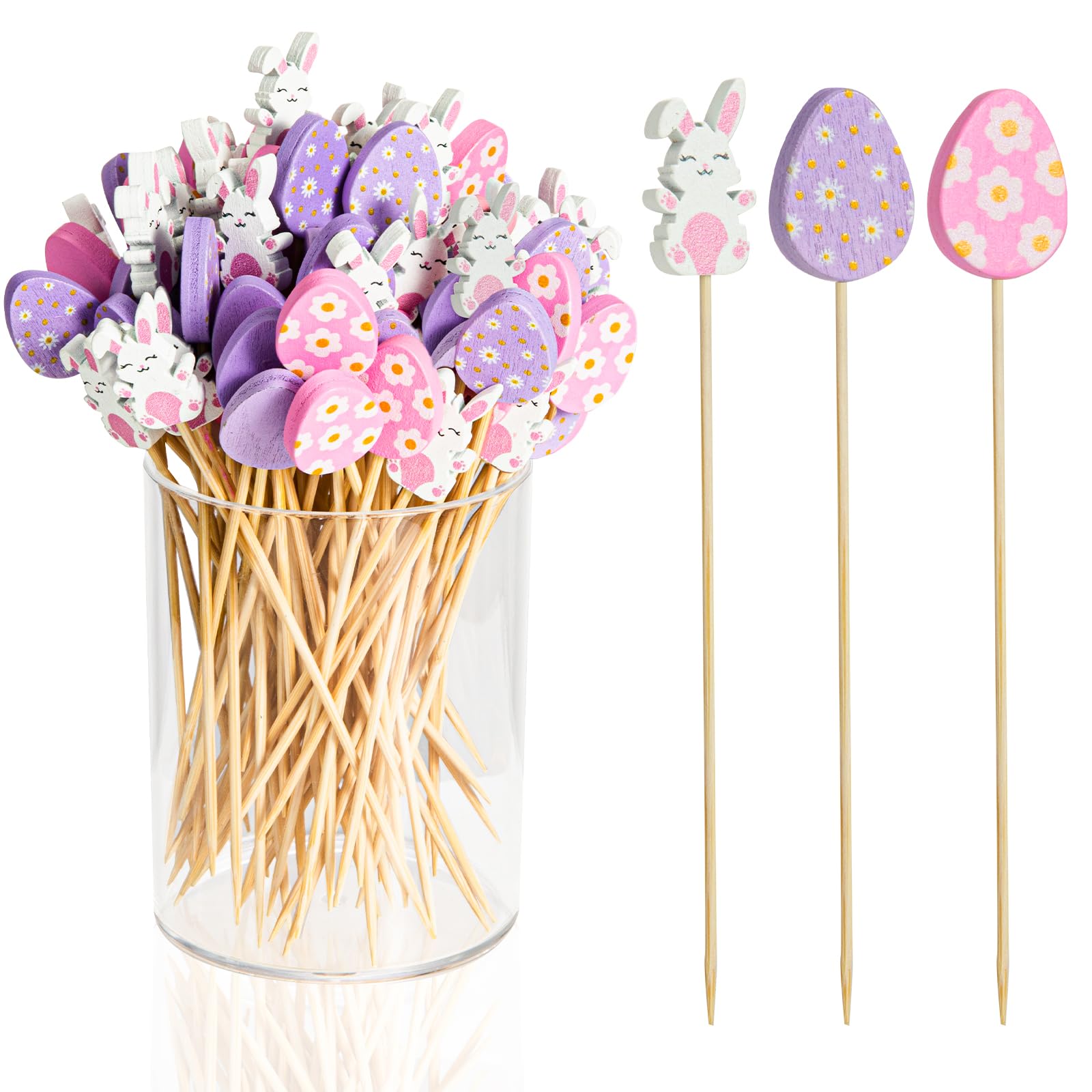 Photo 1 of 100 Pack Easter Cocktail Picks, Bunny Egg Toothpicks for Appetizers, 4.7 Inch Rabbit Natural Bamboo Wooden Charcuterie Boards Accessories for Skewers Drink Stirrers Fancy Party Decorations Food Picks