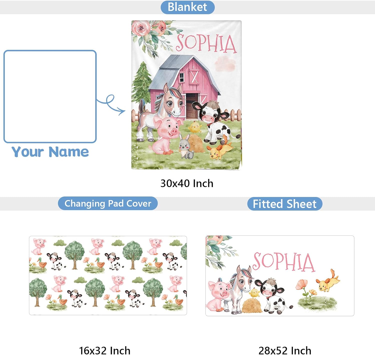 KAINSY Custom Crib Bedding Set - 3 Pcs Personalized Baby Crib Set With Baby Name, Farm Animals Theme, Nursery Bedding Set For Girls, Customized Gifts For Kids
