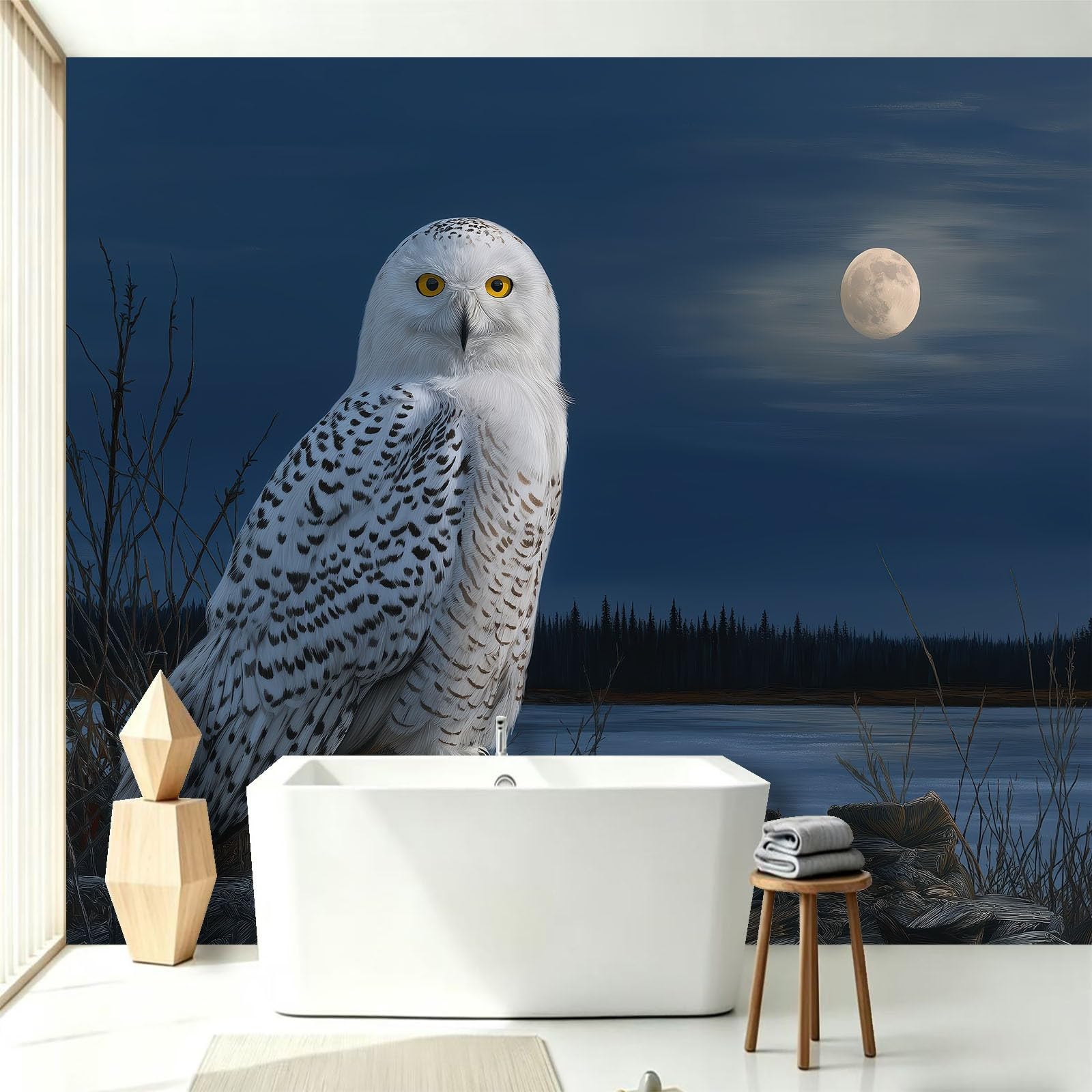 Malowidła ścienne tapeta śnieżna sowa jezioro nadruk dekoracja wnętrza 250 x 175 cm plakat tapeta mural do salonu kuchni łazienki, przedpokoju funkcja telewizora ściana las krajobraz wrażenie 3D