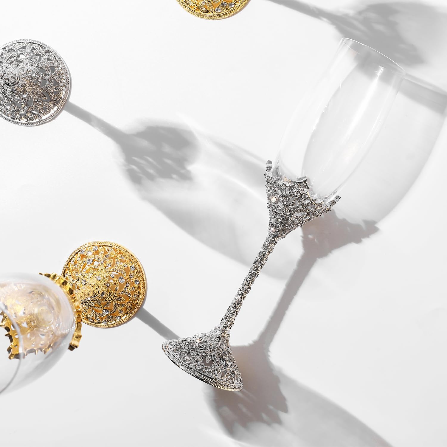 Wedding Champagne Flutes Set of 2 - Metal Base With Crystal Stones, Glasses for Bride and Groom, Engagement Gifts, Party, Anniversary, Christmas - 7oz