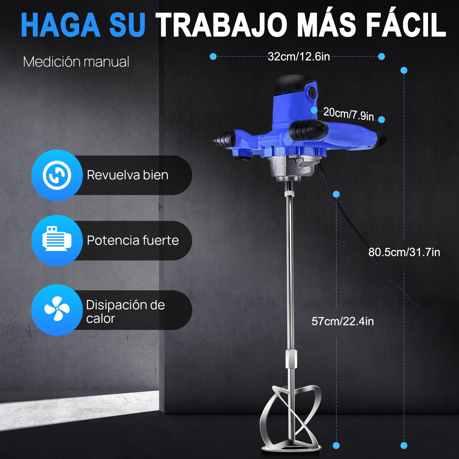 Mezclador de Mortero 2600W, 6 Velocidades de Ajuste, Varilla en Espiral M14 Para Mortero Ø 120 Mm, Batidor de Pintura Para Forro, Yeso, Cemento - Azul
