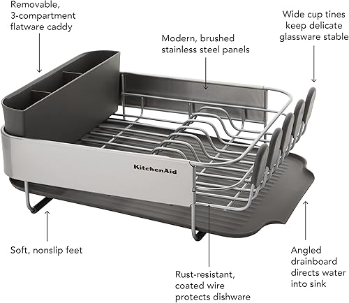 Miniatura 6 de KitchenAid Escurridor de platos compacto que ahorra espacio, resistente al óxido, con tabla de drenaje inclinada de autodrenaje y organizador de