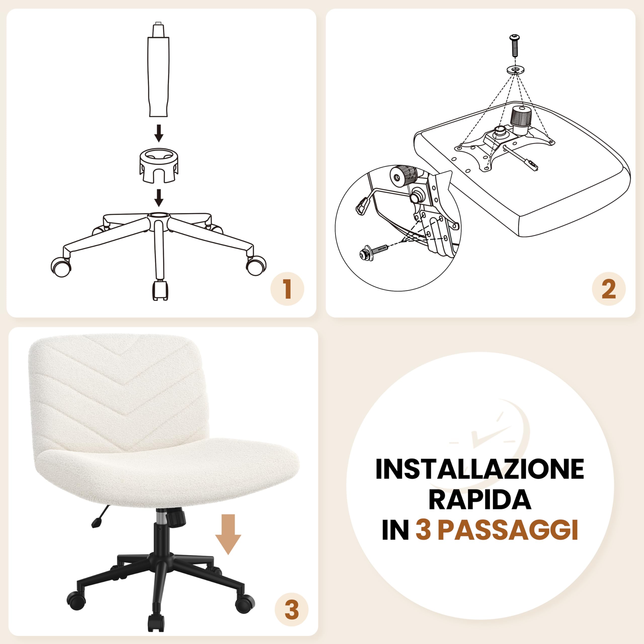 Yaheetech Sedia Ufficio Scrivania Girevole con Ruote Senza Braccioli in Tessuto Schienale Reclinabile con Ampio Cuscino Altezza Regolabile, per Studio Camera, Avorio