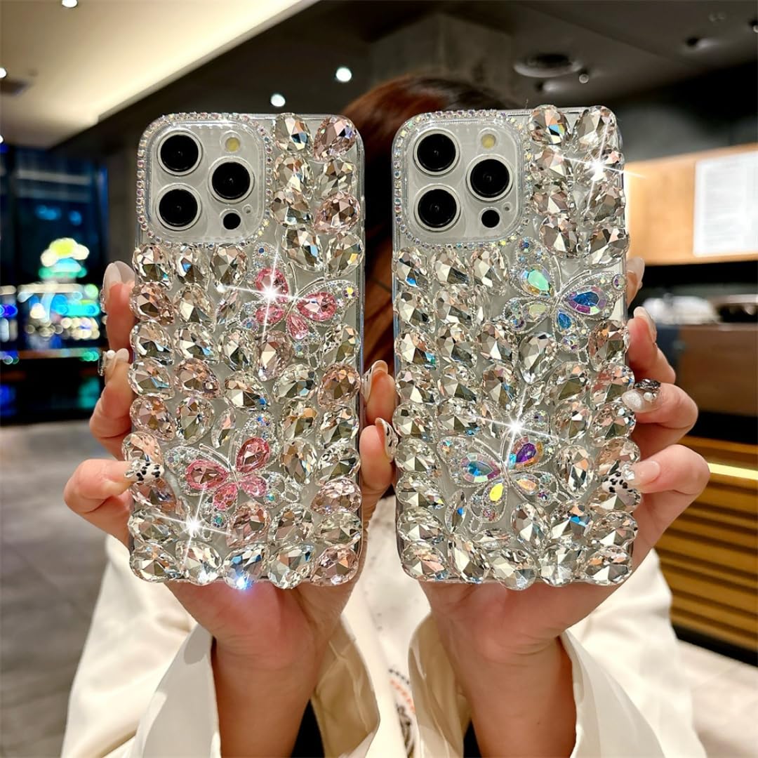 Funda de lujo con purpurina y diamantes de imitación en forma de mariposa para iPhone 17 Pro Max/16/15/14/13/12/11, funda con diamantes completos para iPhone 15 Pro/14 Pro (para iPhone 13/colorida).