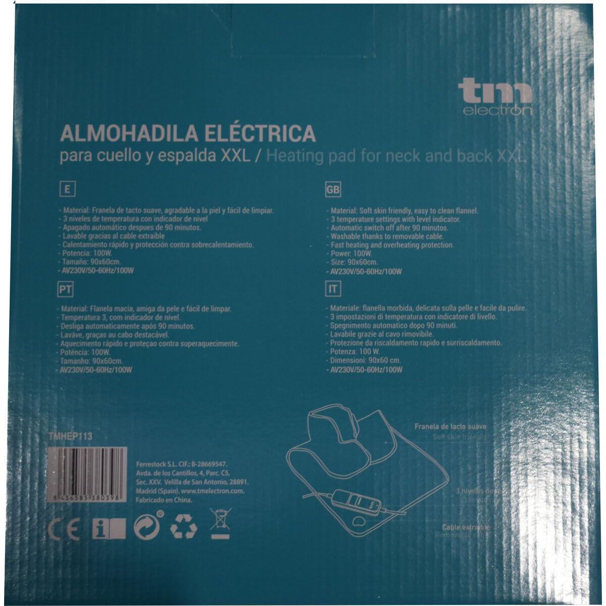 TM Electron TMHEP113 Podkładka elektryczna nadająca się do prania w rozmiarze XXL na szyi i plecach, 100 W z 3 poziomami temperatury i wyłączaniem, 90x60cm