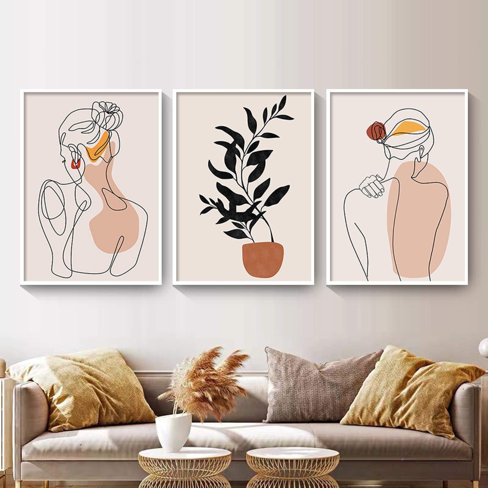 konkneleuh Abstract Single Line Face Art Leaves Painting Girl Body Back Minimalist Wall Art Canvas Poster Print Nordic Picture Home Decor 50x70cm-3Pcs Frameless