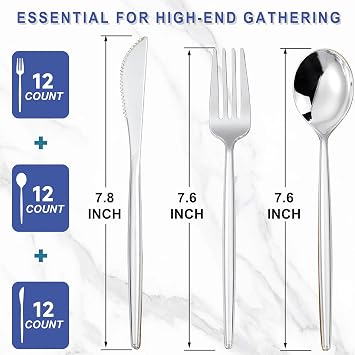 MirthMood 36 PCS Silver Plastic Silverware,Silverware Disposable