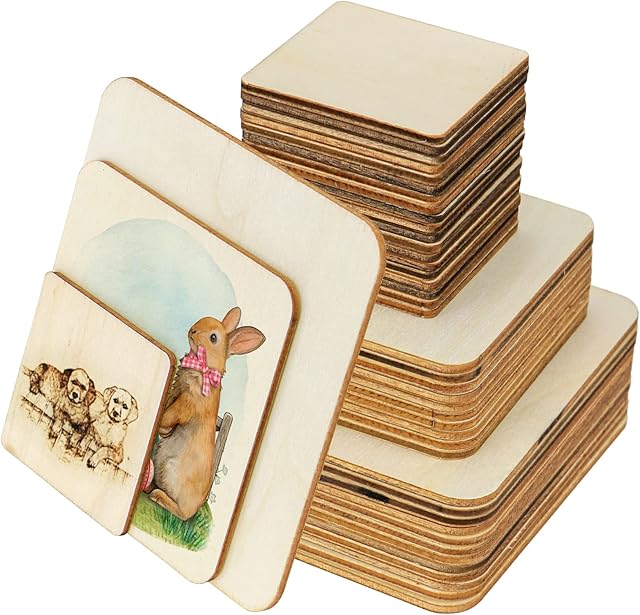 Meetory 42 Pcs Unfinished Blank Wood Squares, Pyrography Wood Blanks, 3 Sizes Wood Squares Pieces Cutouts for DIY Craft, Pyrography Art, Laser Engraving Carving, Painting,Wood Burning (10cm,8cm,5cm)