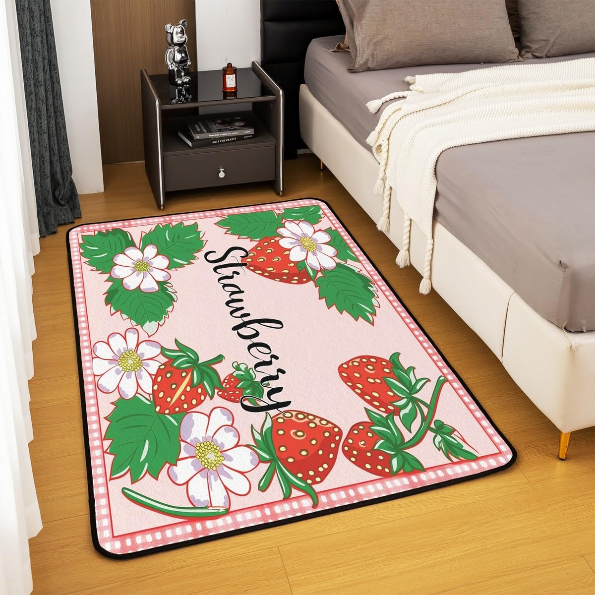 Erosebridal Strawberry Decorative Rug 5X7 Cartoon Red Strawberry Indoor Floor Mat White Flowers Summer Carpet Funny Fruit Theme Area Rug for Kids Girls Teens,Pink