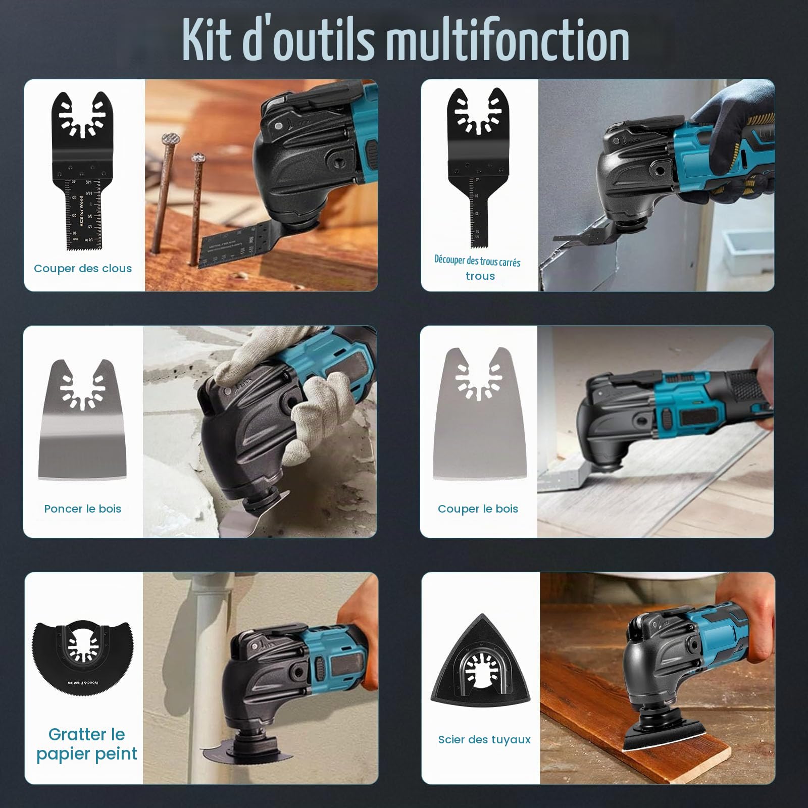 Outil oscillant multifonction compatible avec la batterie Makita 18 V, 6 vitesses variables, scie circulaire, 18 accessoires pour sculpture, grattage, meulage
