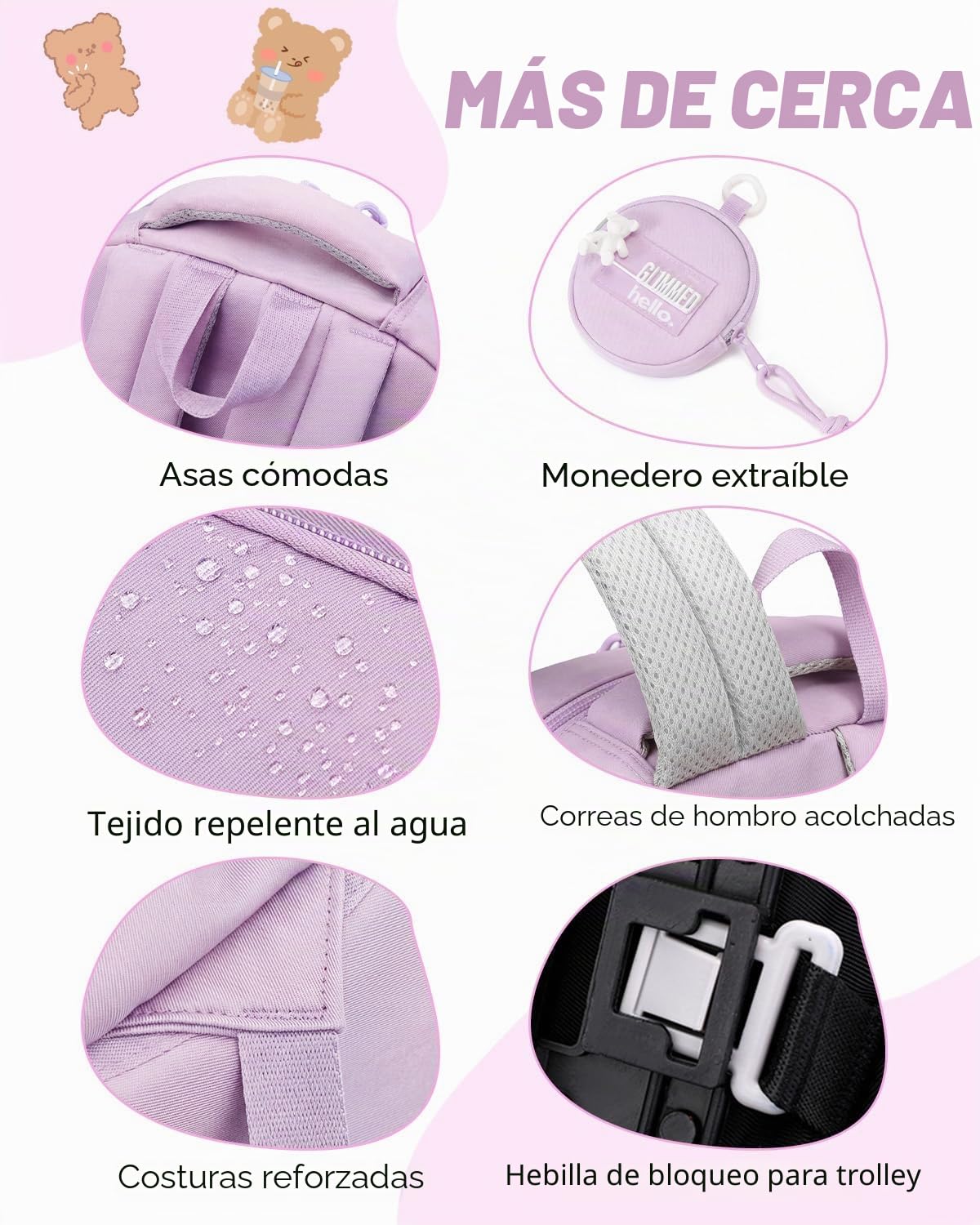 Amythe Mochila Escolar con Ruedas para Niña, Mochila Colegio Niña con Carrito Desmontable 6 Ruedas, 21L Mochilas Primaria Grande con Carro para Chicas 9-16 Años, Morado