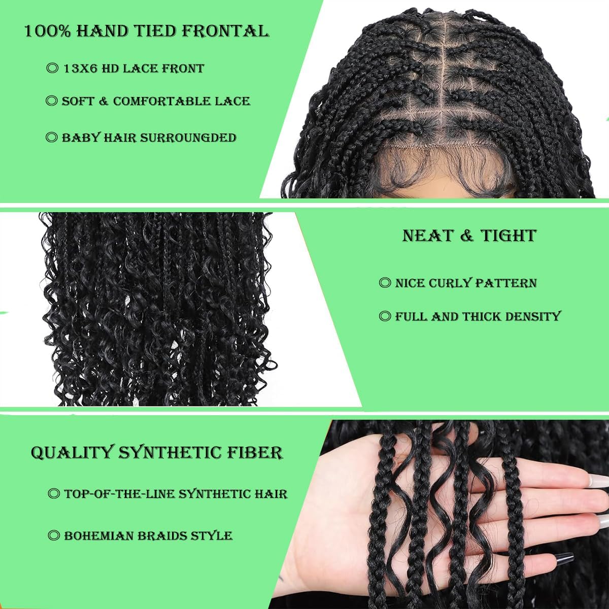 36 Inch Long Boho Knotless Braided Wigs For Women Natural Black 100% Hand Tied 13x6 Bohemian Boho Box Braids Lace Front Wig Synthetic Braid Wig With Baby Hair (Natural Color Braided Wigs, 36 Inch)