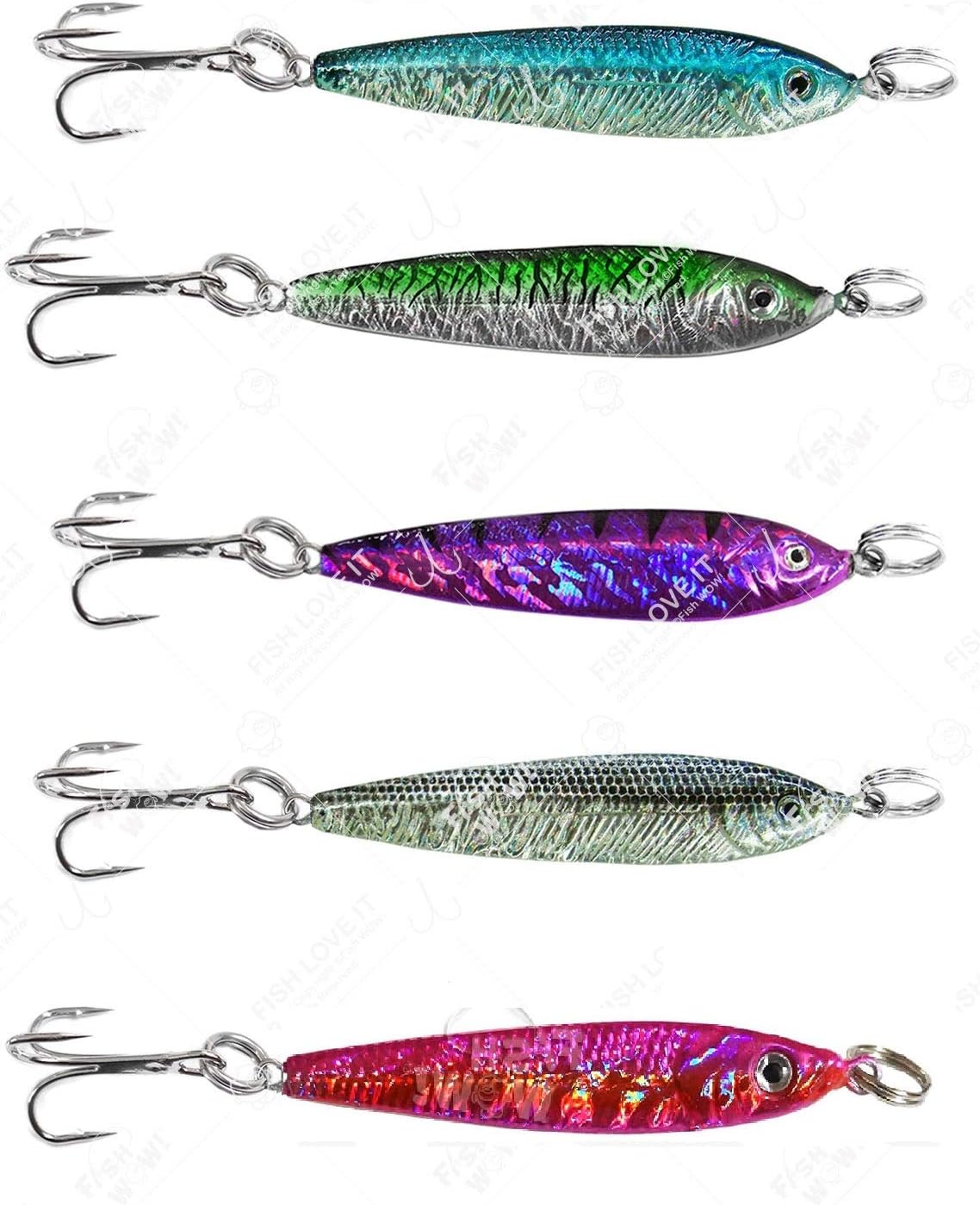 5pcs 2.5oz Fish WOW! Fish Metal Bait Jig 2-1/2oz Mega Live Lure with a Treble Hook -5 Colors- Black, Blue, Pink, Glow, Blue Sardine