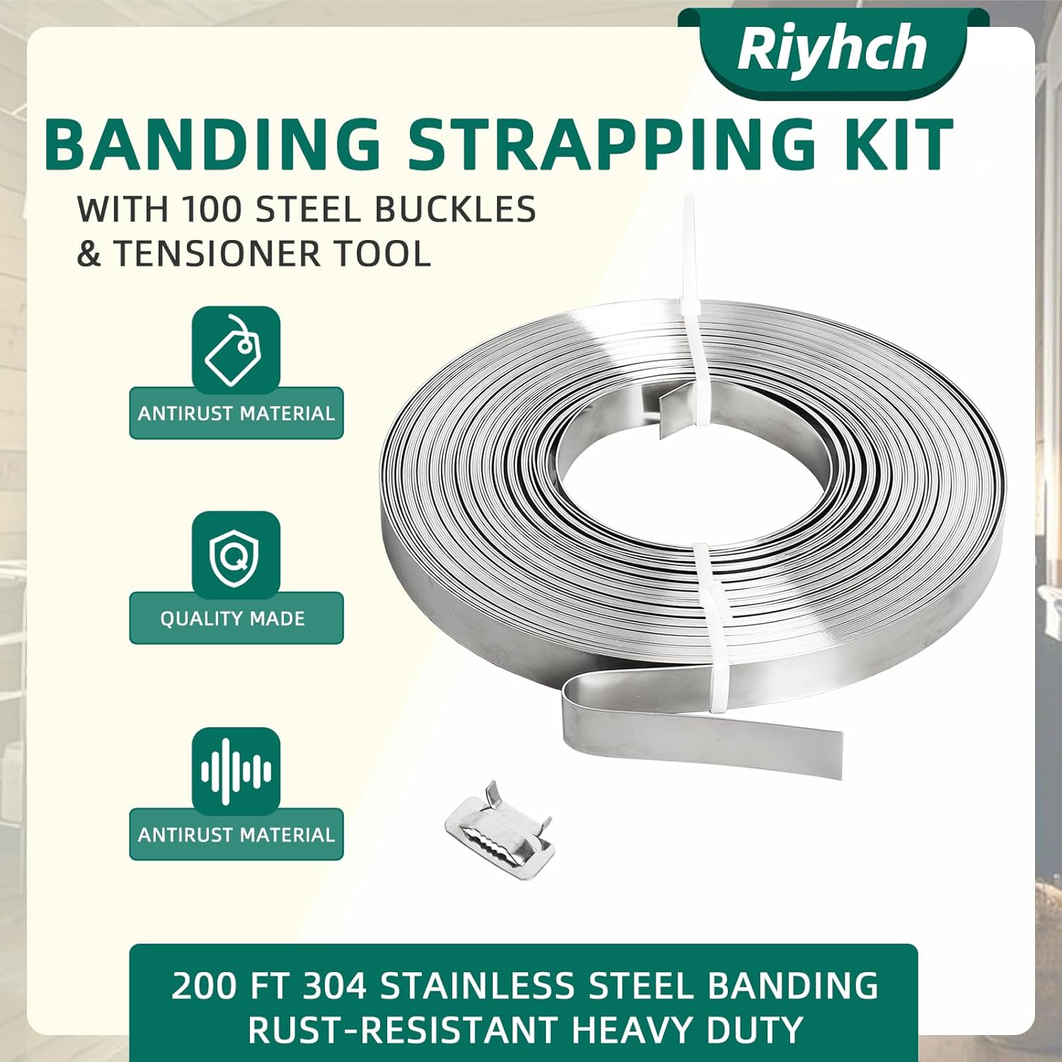 200 ft 304 Stainless Steel Banding Strapping Kit with 100 Steel Buckles & Tensioner Tool – Rust-Resistant Heavy Duty Pallet Strapping for Shipping, Construction, and Storage