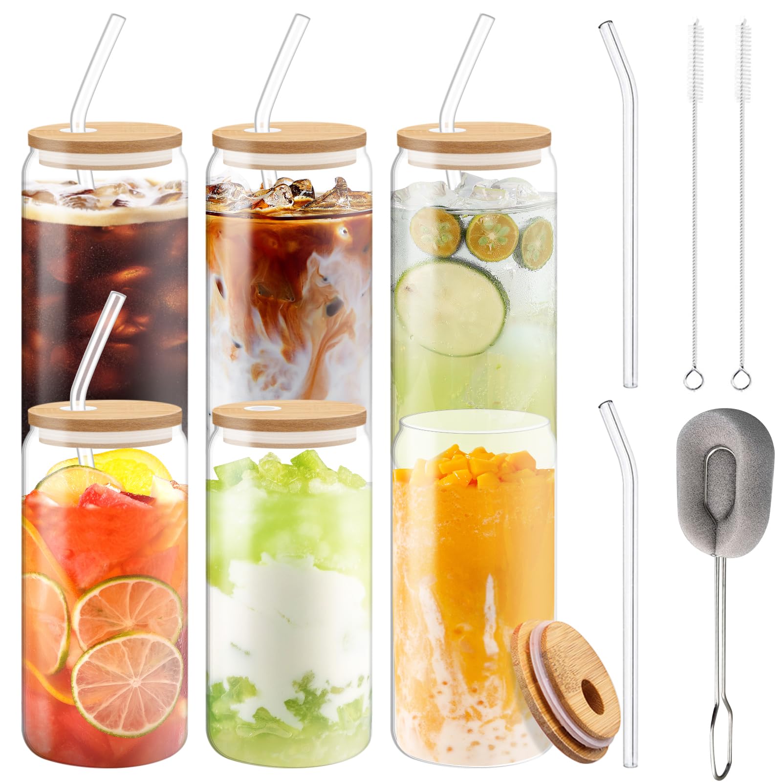 6 pezzi Bicchiere da Birra con Coperchio e Cannuccia,500 ml Tazza da Caffè Ghiacciata,Tazze in Vetro a Forma di Lattina,Riutilizzabile,per Cocktail,Frappè,Succhi,Frullati,Birre