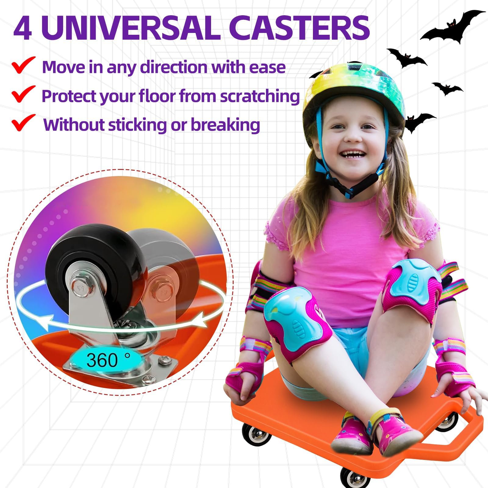 2 patinetes deportivos con asas de colores para sentarse, con ruedas de plástico para niños, gimnasio, actividades en interiores y exteriores, equipo de juego (naranja, morado) 5