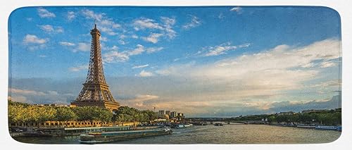 Ambesonne Eiffel Tower Kitchen Mat, Sunset Over Eiffel Tower and Seine River Paris France Nature Scene, Plush Decorative Kitchen Mat with Non Slip