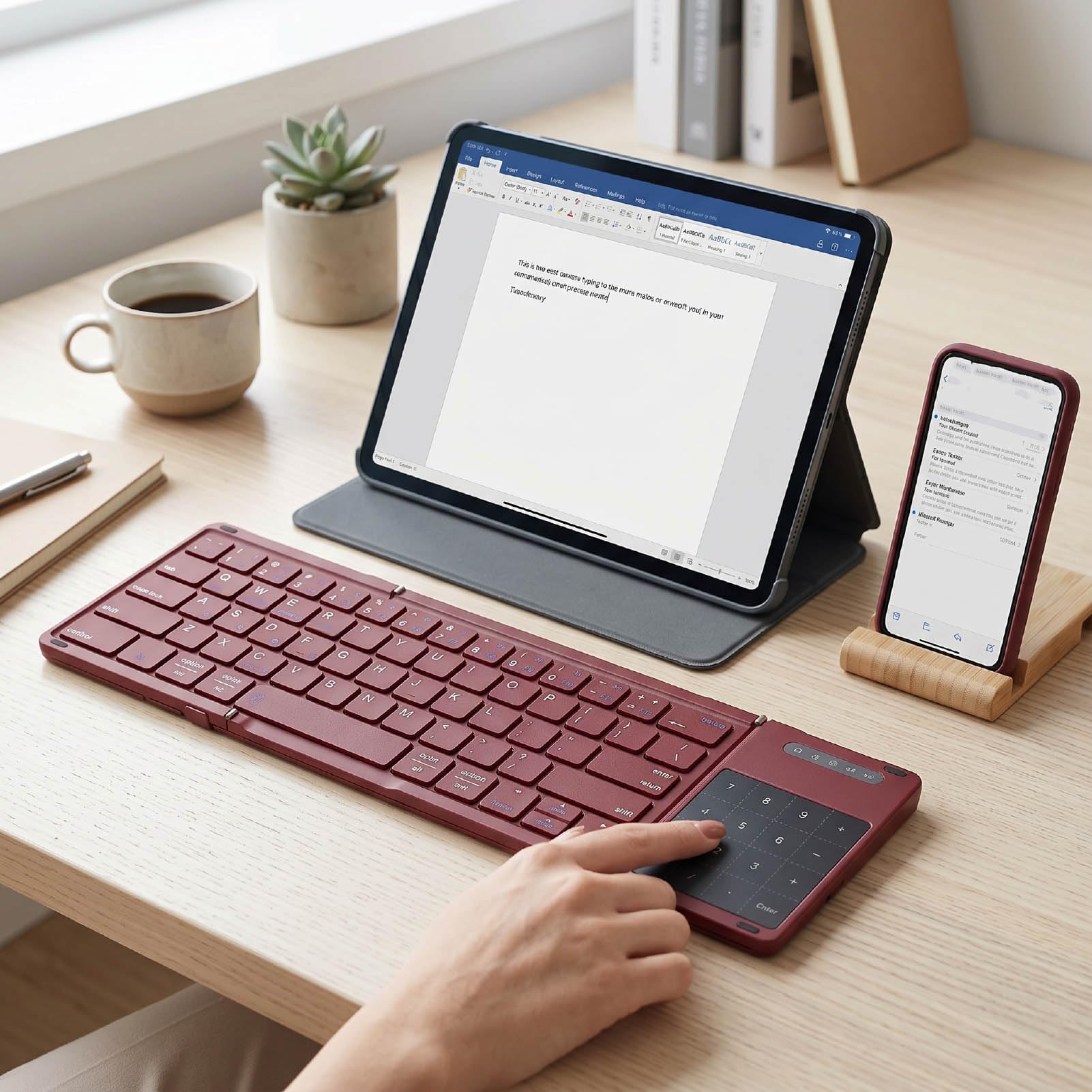 Tangxi Tastiera Bluetooth Pieghevole con Touchpad e Tastierino Numerico, Tastiera Wireless Portatile Dal Design a 3 Pieghe per Tablet Laptop (WINE RED)