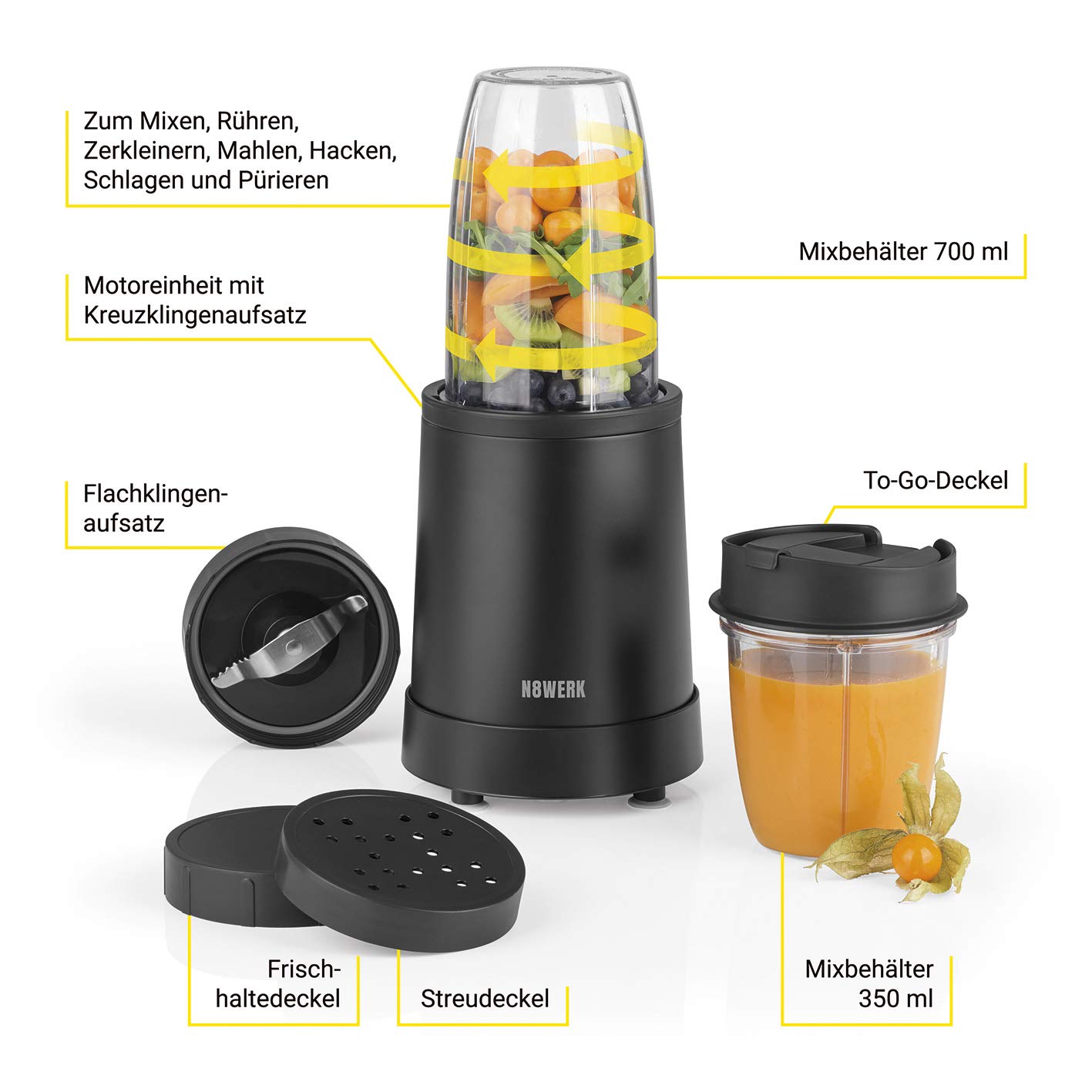 Nutrition Mixer in der Midnight Edition | Standmixer für Smoothies und Cocktails, Ice Crush Funktion, Edelstahlklingen | 700 ml und 350 ml Mixbehälter mit To-Go-Deckel, 800 Watt, Schwarz
