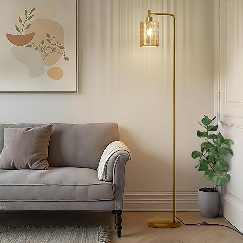 Miniatura 8 de Oneach Lámpara de pie dorada de 66 pulgadas para sala de estar, lámpara de pie bohemia con bombilla LED, interruptor de pie, pantalla de ratán,