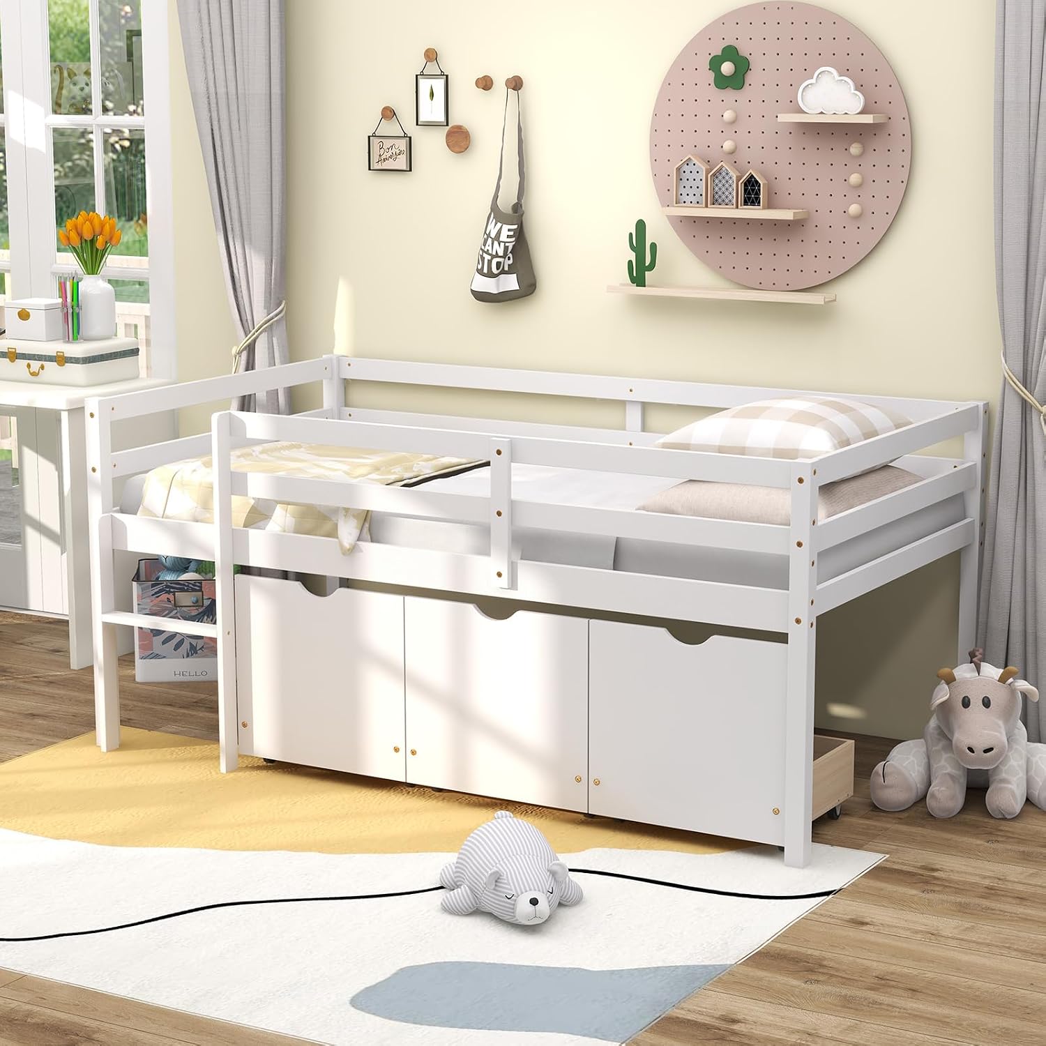 KOMFOTT Twin Low Loft Bed with 3 Storage Drawers, Wood Platform Bed Frame with Safety Guardrail & Ladder, Loft Bed Frame for Boys Girls & Junior, No Box Spring Needed (White)