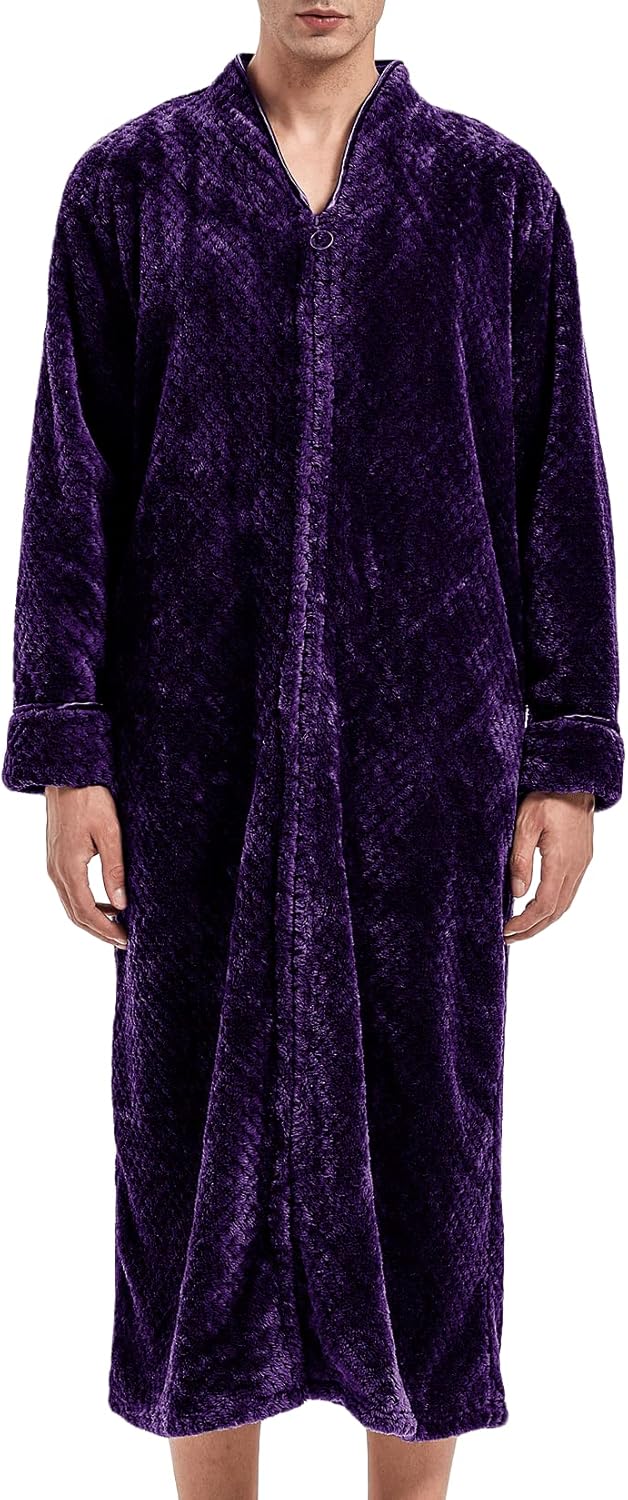 Lu's Chic Men's Fuzzy Bath Robe Warm Fluffy Spa Robes Zip Up Long Sleeve Bathrobe Fleece Plush Zipper