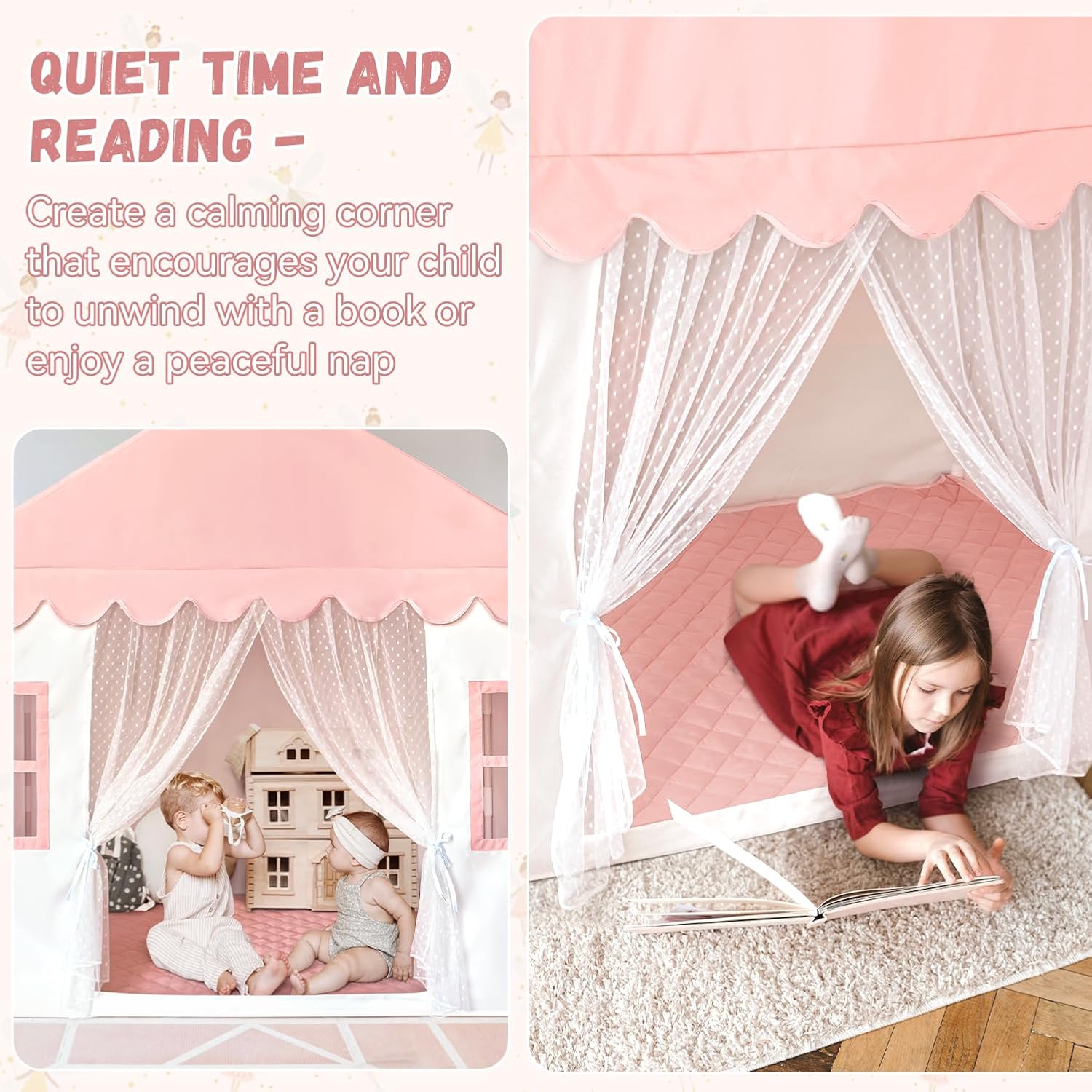 Kids Play Tent with Mat, Large Playhouse Play Tent Indoor for Girls, Kids Tent Toys for Toddlers Children Play House for Birthday Toy House Gift (Pink)