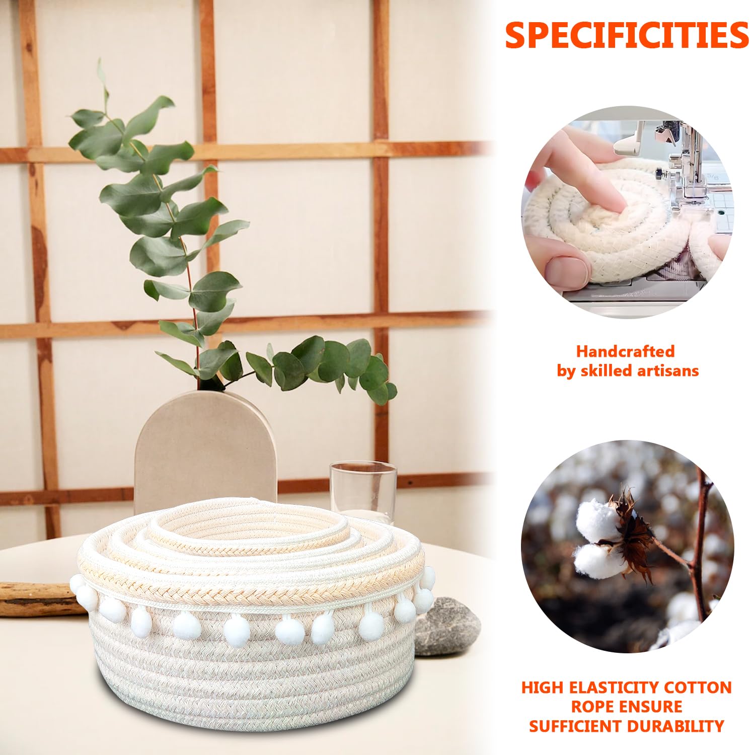 Lot De 4 Paniers De Rangement Tressés Coton - Gris Et Blanc, Tailles Différentes, Pour Salle De Bain Ou Chambre