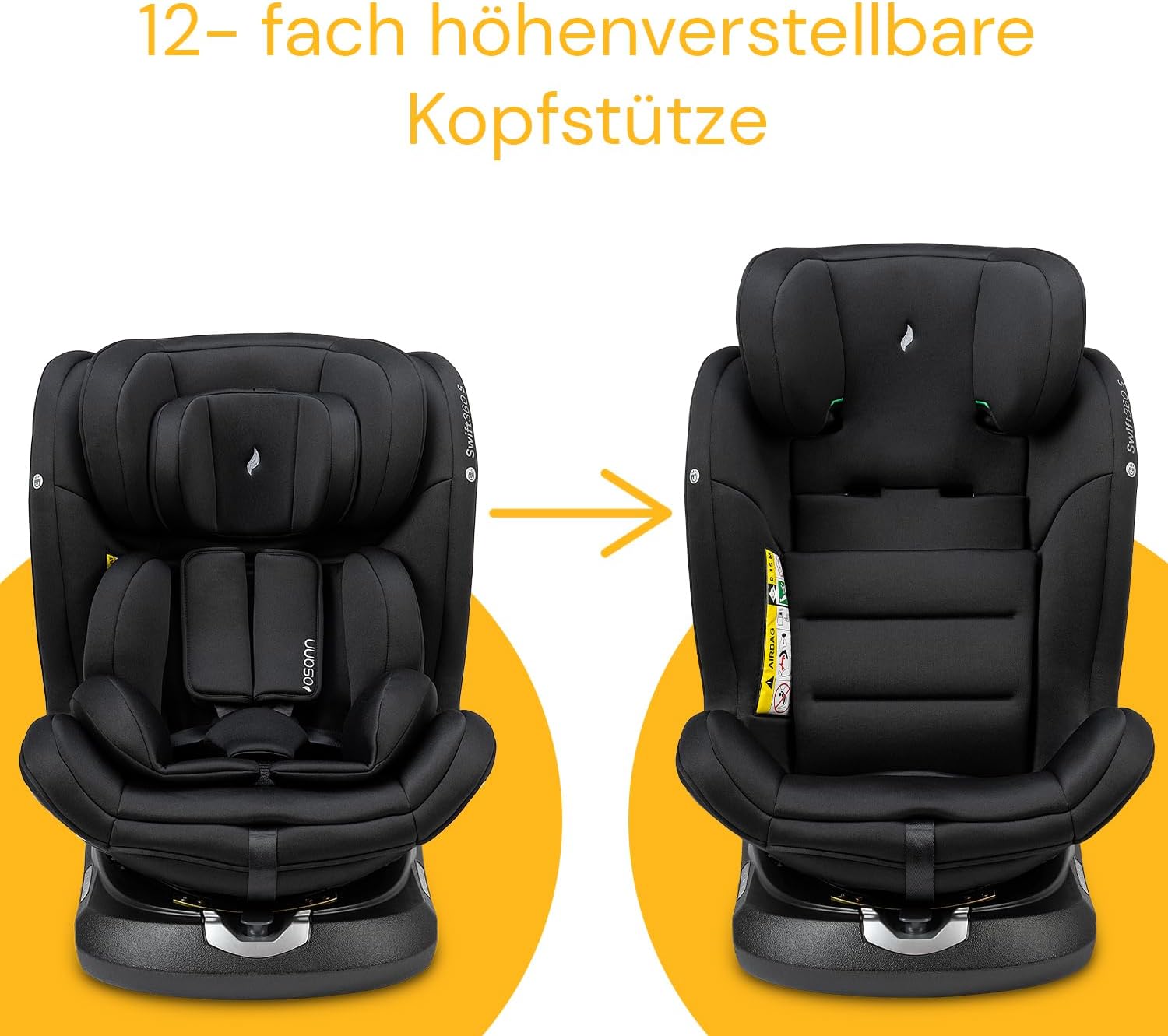 Dwa zdjęcia fotela samochodowego obok siebie, pokazujące zagłówek w najniższej i najwyższej pozycji.